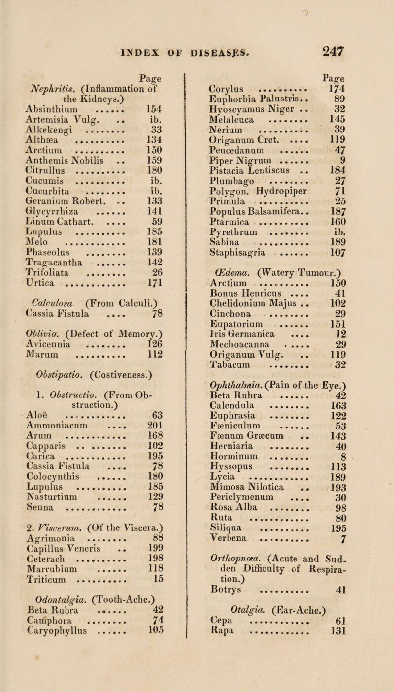 1 INDEX OF DISEASES* 247 Page Nephritis. (Inflammation of the Kidneys.) Absinthium . 154 Artemisia Vulg. .. ib. Alkekengi . 33 Althaea . 134 Arctium . 150 Anthemis Nobilis .. 159 Citrullus . 180 Cucumis . ib. Cucurbita . ib. Geranium Robert. .. 133 Glycyrrhiza . 141 Linum Cathart. 59 Lupulus . 185 Melo . 181 Phaseolus . 139 Tragacantha . 142 Trifoliata .. 26 Urtica . 171 Calculosa (From Calculi.) Cassia Fistula .... 78 Oblivio. (Defect of Memory.) Avicennia . 126 Marum . 112 Obstipatio. (Costiveness.) 1. Obstructio. (From Ob¬ struction.) Aloe . 63 Ammoniacum .... 201 Arum . 168 Capparis . 102 Carica . 195 Cassia Fistula .... 78 Colocynthis . 180 Lupulus .. 185 Nasturtium . 129 Senna . 78 2. Viscerum. (Of the Viscera.) Agrimonia . 88 Capillus Veneris .. 199 Ceterach . 198 Marrubium . 118 Triticum . 15 Odontalgia. (Tooth-Ache.) Beta Rubra ...... 42 Camphora . 74 Corylus .. Page 174 Euphorbia Palustris.. 89 Hyoscyamus Nig'er .. 32 Melaleuca .. 145 Nerium . 39 Origanum Cret. 119 Peucedanum . 47 Piper Nigrum . 9 Pistacia Lentiscus 184 Plumbago . 27 Polygon. Hydropiper 71 Primula ... 25 Populus Balsamifera.. 187 Ptarmica . 160 Py rethrum . ib. Sabina . 189 Staphisagria 107 (Edema. (Watery Tumour.) Arctium ..... 150 Bonus Henricus .... 41 Chelidonium Majus .. 102 Cinchona . 29 Eupatorium . 151 Iris Germanica .... 12 Mechoacanna . 29 Origanum Vulg. 119 Tabacum . 32 Ophthalmia. (Pain of the Eye.) Beta Rubra . 42 Calendula . 163 Euphrasia . 122 Fseniculum . 53 Faenum Grsecum 143 Herniaria . 40 Horminum . 8 Hyssopus .. 113 Lycia . 189 Mimosa Nilotica 193 Periclymenum .... 30 Rosa Alba . 98 Ruta . 80 Siliqua . 195 Verbena . 7 Orthopnoea. (Acute and Sud- den Difficulty of Respira- tion.) Botrys . 41 Otalgia. (Ear-Ache.) Cepa . 61