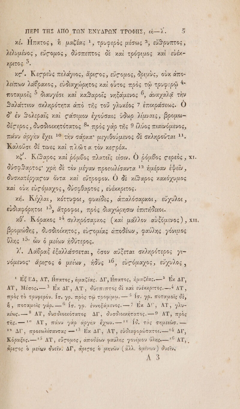 ΠΕΡῚ ΤΗΣ ΑΠῸ ΤΩΝ ἘΝΎΔΡΩΝ ΤΡΟΦΗΣ, ιἡ---λ. ἤ ἐ, Ἱπατος, ἢ μαξέας 1, τρυφερὸς μέσως 3, εὔϑρυπτος, ε΄. εὐςομος, δύσπεπτος δὲ καὶ τρόφιμος χαὶ εὐέχ- χρίτος. “ [ Κ δΝ λῶ   δ ᾿ 3 3 χς΄. Κεςρεὺς πελάγιος, ἄριςος, εὔςομος, δριμὺς, οὐκ ἀπο- λείπων λαέρακος, ἀδοιχώῤῥξας χαὶ φῦτος πρὸς τῷ τρυφερῷ 4 ποταμοῖς 5. διαυ γέσι καὶ χαϑαροῖς νηξάμενος 6. ἀναχαλᾷ τὴν ϑαλάττιον σχληρότητα ἀπὸ τῆς τοῦ γλυκέος 7 ἐπικράσεως. Ο δ᾽ ἐν ϑολεραῖς χαὶ ςά ἐχούσαις ὕδωρ λίμναις, βρομω-- ολεραῖς χαὶ ςάσιμον ἐχούσαις ὕδωρ λίμναις, βρομω-- δέςερος, δυσδιοικητότατος 8. πρὸς γὰρ τῆς 9 ἰλύος πιαινόμενος, πάνυ ἀργὴν ἔχει 19 τὴν σάρχα μεγεθούμενος δὲ σχληροῦται 11 ἰ Ὗ ͵ χ - 7) ΡᾺ [.ξγΞ με ἧς ι΄ Δρ Α . ἹΚαλοῦσι δέ τινες χαὶ πλῶτα τὸν χεςρέα. [ ΄ . εν - 3 ο- ς τς. Κίϑαρος χαὶ ῥόμθδος πλατεῖς εἰσιν. Ο ῥόμδος ςερεὸς, χι. δύσφϑαρτος χρὴ δὲ τὸν μέγαν προεωλίσαντα 12 ἡμέραν ἑψεῖν, δυσχατέργας ον ὄντα χαὶ εὔτροφον. Ο δὲ χίῶαρος χακόχυμος χαὶ οὐχ εὐςόμαχος, δύσφθαρτος » εὐέκκριτος. Κύχλαι, χόττυφοι, φυκίδες, ἁπαλόσαρκοι, εὔχυλοι, εὐδιαφόρητοι 15, ἄτροφοι, πρὸς διαχώρησιν ἐπιτήδειοι. χθ΄. Κόρακος 11 σχληρόσαρκος (καὶ μᾶλλον αὐξόμενος), χει. βρομώδης, δυσδιοίκητος, εὐςομίας ἀποδέων, φαύλης γόνιμος ὕλης 15: ὧν ὁ μείων ἡδύτερος. Λαδραξ ἐξαλλάσσεται, ὅσον αὔξεται σχληρότερος γι- 7 Φ Ψ᾿ 6 ’ ει 5  » όμενος ἄριςος ὁ μείων, ἡδὺς 16, εὐςόμαχος, εὔχυλος. τ Ἐξ ΕΔ, ΑΤ', ἥπατος, ἡμαζέας. ΔΙῚ, ἥπατος, ἡμαζέας. ----ἢ Ἐχ ΔΙ, ΑΤ', Μέσος.--- Ἐχ ΔΙ, ΑΤ΄, ϑύσπεπτος δὲ καὶ εὐέχκρετος. τό ΑΤ΄, , Ἂ5 ΄».- ὁ  »ΣΥῬ πρὸς τὸ τρυφερόν. ἶσ. γρ. πρὸς τῷ τροφίμῳ. --- 1σ. γρ. ποταμοῖς δὲ, ἢ, ποταμοῖς γάρυ - Ὁ ἴσ. γρ. ἐννηξάμενος. --- Εχ ΔΕ ἈΤν γλὺυ- χέως.--- ΑΤ΄, δυσδιοιχότατος ΔΙ᾽, δυσδιοικήτατος. ---ϑ ΑΤ', πρὸς τῆς. τ ΑΤ,, πάνυ γὰρ ἀργήν ἔχων. ---’ ἴδ, τὰς σημειώσ. -το: 15. ΔΙ; προεωλίσαντας --ο᾿ Εχ ΔΙ, ΑΤ, εὐδιαφορώτατοι.----ἴ ΔΙ, Κόραξος.---τ5 ΑΤ΄͵, εὔτομος, ἀποδέων φαύλης γονίμου ὕλης.---- Ὁ ΑΤ' ἄριτος Ὁ μείων δυεῖν. ΔΡ, ἄριςος ὃ μηνῶν (ἄλλ. δμίνων) δυεῖνς