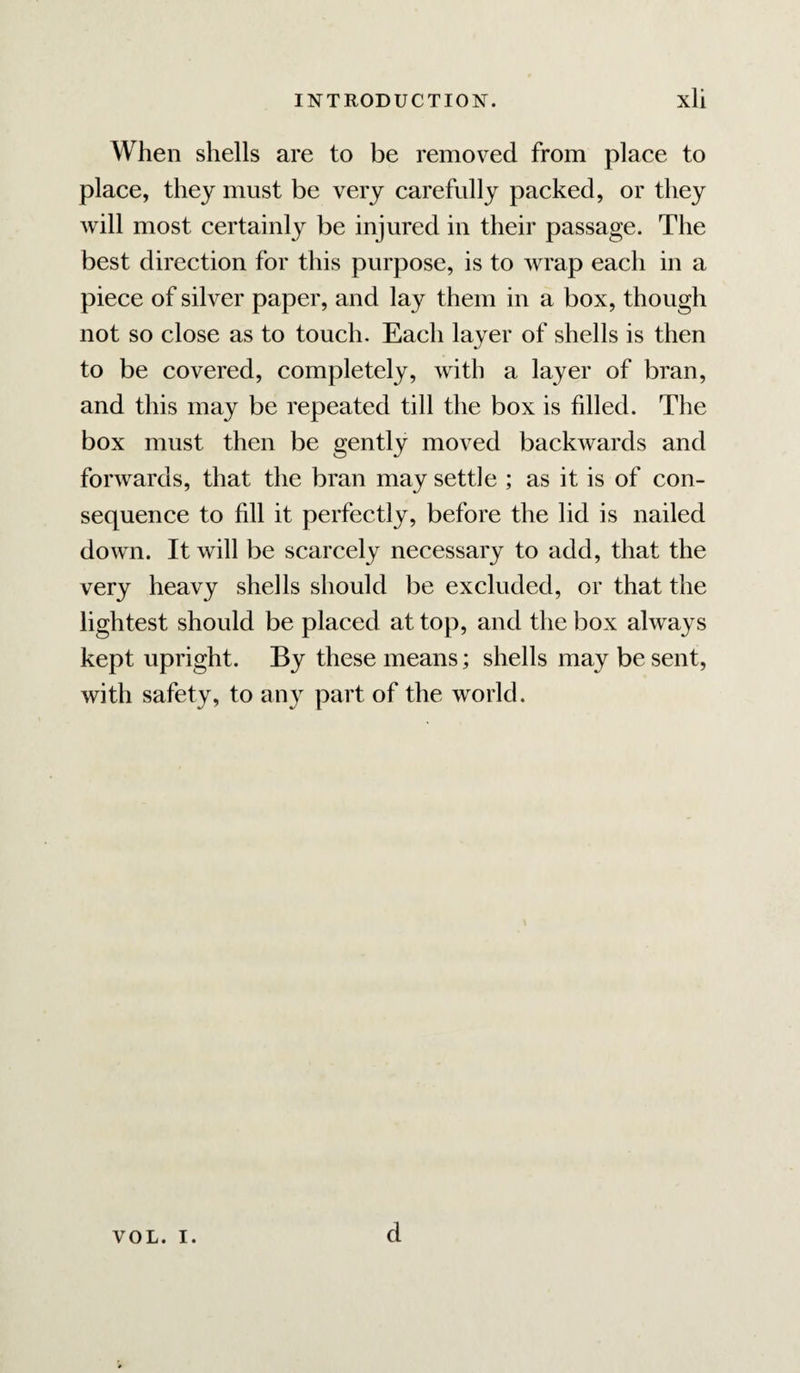 When shells are to be removed from place to place, they must be very carefully packed, or they will most certainly be injured in their passage. The best direction for this purpose, is to wrap each in a piece of silver paper, and lay them in a box, though not so close as to touch. Each layer of shells is then to be covered, completely, with a layer of bran, and this may be repeated till the box is filled. The box must then be gently moved backwards and forwards, that the bran may settle ; as it is of con¬ sequence to fill it perfectly, before the lid is nailed down. It will be scarcely necessary to add, that the very heavy shells should be excluded, or that the lightest should be placed at top, and the box always kept upright. By these means; shells may be sent, with safety, to any part of the world. VOL. I. d