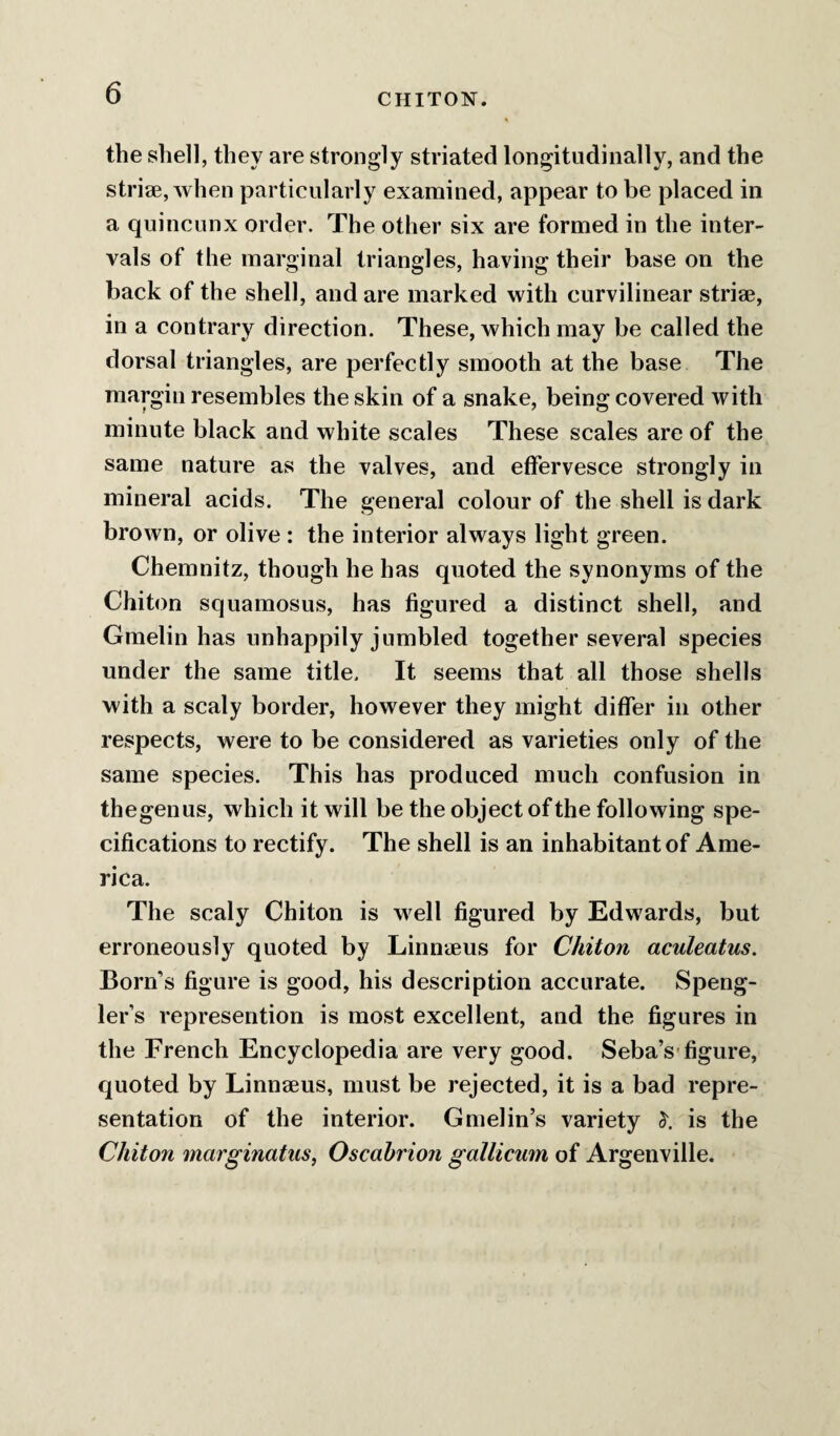 the shell, they are strongly striated longitudinally, and the striae, when particularly examined, appear to be placed in a quincunx order. The other six are formed in the inter¬ vals of the marginal triangles, having their base on the back of the shell, and are marked with curvilinear striae, in a contrary direction. These, which may be called the dorsal triangles, are perfectly smooth at the base The margin resembles the skin of a snake, being covered with minute black and white scales These scales are of the same nature as the valves, and effervesce strongly in mineral acids. The general colour of the shell is dark brown, or olive : the interior always light green. Chemnitz, though he has quoted the synonyms of the Chiton squamosus, has figured a distinct shell, and Gmelin has unhappily jumbled together several species under the same title. It seems that all those shells with a scaly border, however they might differ in other respects, were to be considered as varieties only of the same species. This has produced much confusion in thegenus, which it will be the object of the following spe¬ cifications to rectify. The shell is an inhabitant of Ame¬ rica. The scaly Chiton is w ell figured by Edwards, but erroneously quoted by Linnaeus for Chiton aculeatus. Born’s figure is good, his description accurate. Speng- ler’s represention is most excellent, and the figures in the French Encyclopedia are very good. Seba’s-figure, quoted by Linnaeus, must be rejected, it is a bad repre¬ sentation of the interior. Gmelin’s variety is the Chiton 7narginatus, Oscahrioji gallicmn of Argenville.