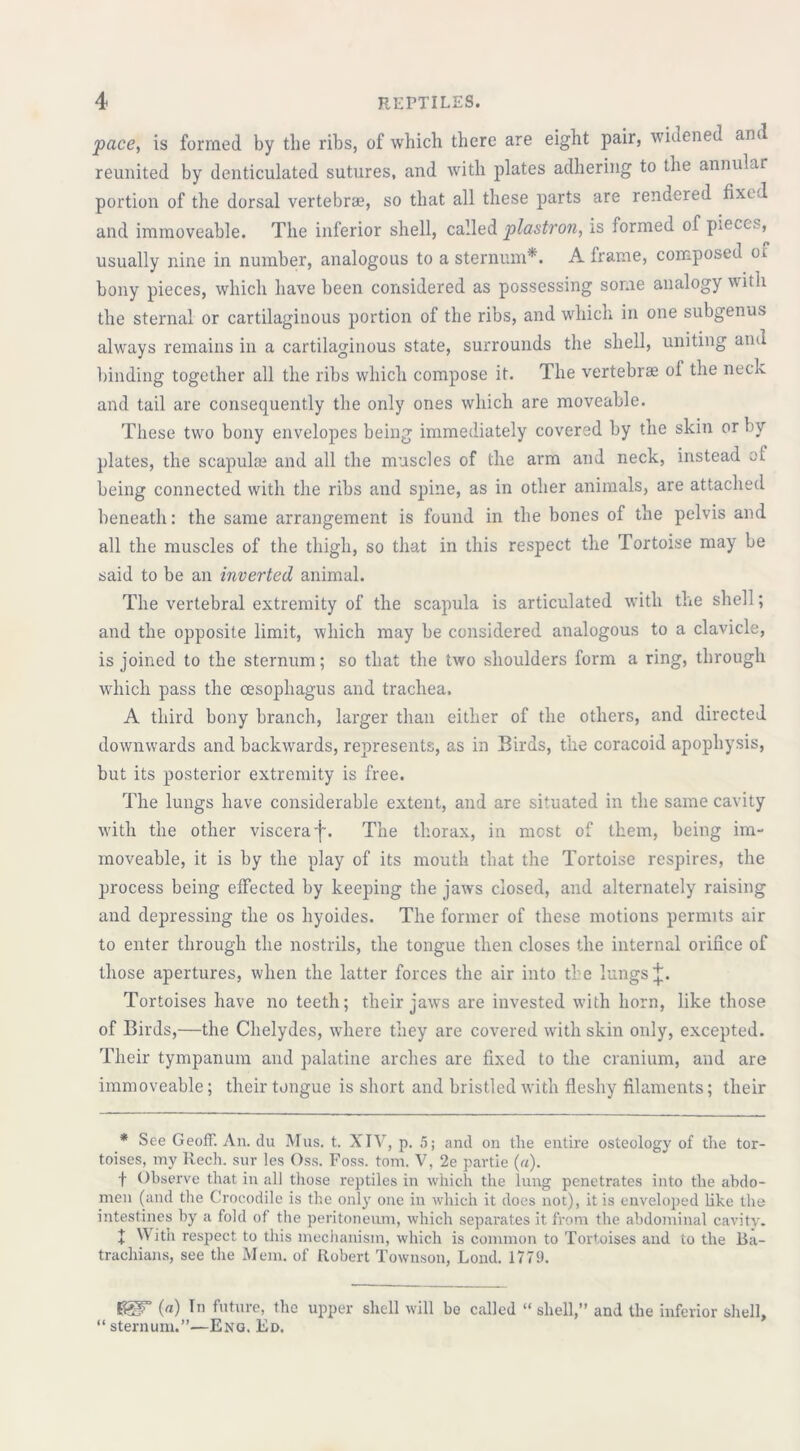 pace, is formed by the ribs, of which there are eight pair, widened and reunited by denticulated sutures, and with plates adhering to the annular portion of the dorsal vertebrae, so that all these parts are rendered fixed and immoveable. The inferior shell, called plastron, is formed of pieces, usually nine in number, analogous to a sternum*. A frame, composed ot bony pieces, which have been considered as possessing some analogy with the sternal or cartilaginous portion of the ribs, and which in one subgen us always remains in a cartilaginous state, surrounds the shell, uniting and binding together all the ribs which compose it. The vertebrae ol the neck and tail are consequently the only ones which are moveable. These two bony envelopes being immediately covered by the skin or by plates, the scapulae and all the muscles of the arm and neck, instead of being connected with the ribs and spine, as in other animals, are attached beneath: the same arrangement is found in the bones of the pelvis and all the muscles of the thigh, so that in this respect the Tortoise may be said to be an inverted animal. The vertebral extremity of the scapula is articulated with the shell; and the opposite limit, which may be considered analogous to a clavicle, is joined to the sternum; so that the two shoulders form a ring, through which pass the oesophagus and trachea. A third bony branch, larger than either of the others, and directed downwards and backwards, represents, as in Birds, the coracoid apophysis, but its posterior extremity is free. The lungs have considerable extent, and are situated in the same cavity with the other visceraf. The thorax, in mest of them, being im- moveable, it is by the play of its mouth that the Tortoise respires, the process being effected by keeping the jaws closed, and alternately raising and depressing the os hyoides. The former of these motions permits air to enter through the nostrils, the tongue then closes the internal orifice of those apertures, when the latter forces the air into the lungs J. Tortoises have no teeth; their jaws are invested with horn, like those of Birds,—the Chelydes, where they are covered with skin only, excepted. Their tympanum and palatine arches are fixed to the cranium, and are immoveable; their tongue is short and bristled with fleshy filaments; their * See Geoff. An. du Mus. t. XIV, p. 5; and on the entire osteology of the tor- toises, my Rech. sur les Oss. Foss. tom. V, 2e partie («). t Observe that in all those reptiles in which the lung penetrates into the abdo- men (and the Crocodile is the only one in which it does not), it is enveloped like the intestines by a fold of the peritoneum, which separates it from the abdominal cavity. + With respect to this mechanism, which is common to Tortoises and to the Ba- trachians, see the Mem. of Robert Townson, Lond. 1779. SSF (a) In future, the upper shell will be called “ shell,” and the inferior shell, “ sternum.”—Eng. Ed.