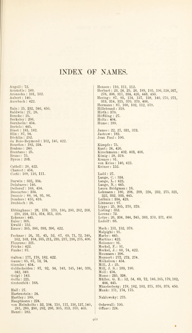 INDEX OF NAMES Angell: 72. Aristotle: 189. Aronsohn : 101, 102. Aubert : 140. Auerbach : 422. Bain : 25, 232, 346, 450. Baldwin: 27, 28. Beneke: 25. Berkeley : 206. Bernheim: 454. Bertels: 445. Binet : 181, 182. Blix: 87, 94. Böcklin : 252. du Bois-Reymond : 102, 146, 422. Bourdon : 182, 224. Brahms : 240. Brentano: 25. Bruns: 75. Byron : 203. Cattell: 28, 422. Charcot : 454. Corti: 109, 110, 111. Darwin : 332, 334. Delabarre: 146. Delbceuf: 168, 454. Descartes : 334. Dessoir : 88, 94, 95, 96. Bonders : 410, 416. Drobisch : 24. Ebbinghaus: 28, 178, 179, 180, 200, 202, 208, 210, 224, 313, 314, 315, 316. Eckener: 445. Euler: 305. Ewald: 152. Exner: 385, 386, 393, 396, 422. Fechner: 26, 31, 45, 52, 67, 69, 71, 72, 140, 162, 163, 164, 165, 211, 235, 237, 238, 275, 406. Flourens: 221. Fricke: 422. Funke: 87. Galton: 177, 178, 182, 422. Gauss : 65, 67, 73, 74. Giessler: 454. Goldscheiden : 87, 92, 94, 143, 145, 146, 339, 342, 349. Golgi : 143. Goltz: 221. Grotenfelt: 168. Hall: 27. Hartenstein : 24. Hartley : 189. Hauptmann : 224. von Helmholtz: 32, 104, 110, 111, 136,137,140, 281, 289, 290, 292, 296, 305, 313, 370, 405. Henri : 182. Hensen: 110, 111, 112. Herbart: 23, 24, 25, 26, 189, 195, 196,228,267, 278, 306, 317, 334, 426, 443, 450. Hering: 87, 95, 114, 137, 138, 140, 270, 271, 313, 314, 315, 370, 379, 406. Hermann : 87, 100, 102, 112, 379. Hillebrand: 319. Hirth : 379. Höffding : 27. Holtz : 404. Hume: 189. James: 22, 27, 331, 373. Jastrow: 182. Jean Paul : 100. Kämpfe: 75. Kant: 24, 426. Kirschmann : 402, 403, 406. König : 28, 319. Krause : 91. von Kries : 140, 422. Kroner: 152. Ladd : 27. Lange, C.: 334. Lange, L.: 422. Lange, N.: 445. Laura Bridgman : 16. Lehmann: 180, 208. 209, 224, 232, 275,321, 322, 332, 333, 445. Leibniz : 334, 423. Linnaeus : 97. Lipps: 25, 305, 370, 379. Listing: 352. Lorenz: 72. Lotze : 26, 334, 344, 345, 369, 370, 371, 450. Ludolf: 66. Mach : 151, 152, 379. Malpighi: 91. Marbe: 445. Martius : 422. Meissner: 91. Merkel, F.: 91. Merkel, J.: 68, 74, 422. Meumann : 396. Meynert: 272, 273, 274. Michelson : 454. Mill, J.: 25. Mill, J. S.: 189, 190. Moll: 454. Mosso : 235, 334. Müller, G. E.: 52, 54, 69, 72, 146,165, 179,182, 444 445. Münsterberg: 178, 182, 183, 375, 376, 379, 450. Munk: 171, 174, 175. Nahlowsky: 275. Oehrwall: 100. Offner: 224.