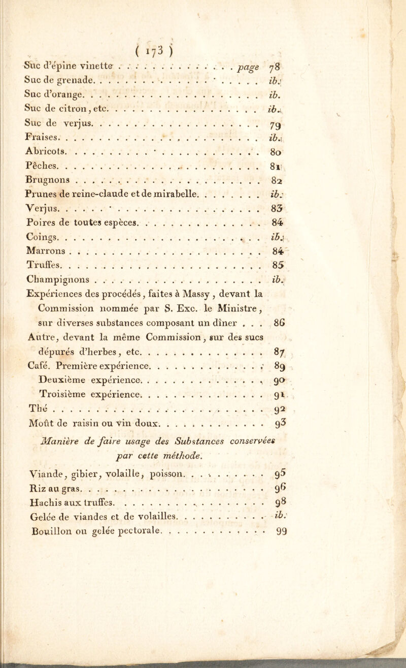 ( !73 ) Suc d’épine vinette .............. page 78 Suc de grenade . . . ' ib.\ Suc d’orange ib. Suc de citron, etc . ib.i Suc de verjus 79 Fraises . . ib.\ Abricots * 80 Pêches 8ii Brugnons 82 Prunes de reine-claude et de mirabelle ib.1 Verjus * 83 Poires de toutes espèces 84 Coings ibj Marrons . 84 Truffes , , . 85 Champignons ib. Expériences des procédés , faites à Massy , devant la Commission nommée par S. Exc. le Ministre , sur diverses substances composant un dîner ... 86 Autre, devant la même Commission, sur des sucs dépurés d’herbes , etc 87 Café. Première expérience ; 89 Deuxième expérience. 90 Troisième expérience 91 Thé 92 Moût de raisin ou vin doux. 9^ IHanière de faire usage des Substances conservées par cette méthode. Viande, gibier, volaille, poisson. ......... 95 Riz au gras 96 Hachis aux truffes 98 Gelée de viandes et de volailles ib: Bouillon ou gelée pectorale. * . • • 99