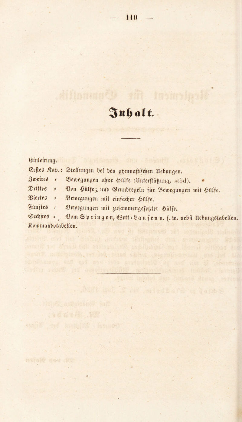 t. (Einleitung. (Erjteö Jtap.: (Stellungen bei ben gpninaftifcben Hebungen. 3tt>eite£ * Bewegungen cl)ne ^ulfe (Unterfiü£ung, stöd). * Ü)dtteö * Bon *§ütfe^ unb ©runbregelit für Bewegungen mit «§>ülfe. Btevteö * Bewegungen mit einfacher £ülfe. ^ünfte^ s Bewegungen mit jufammengcfeijter «£>ülfe. <Sedjftes « # Bern (Springen, BSett sbaufenu. f. w. nebjt Uebungötabefle ^ommanbotabellcn.