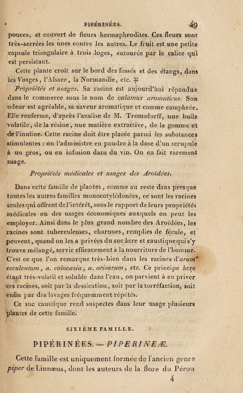 pouces, et couvert de fleurs hermaphrodites. Ces fleurs sont très-serrées les unes contre les autres. Le fruit,est une petite capsule triangulaire à trois doges, entourée par le calice qui est persistant. Celte plante croît sur le bord des fossés et des étangs, dans les Vosges , l’Alsace, la Normandie, etc. ^ Propriétés et usages. Sa racine est aujourd’hui répandue dans le commerce sous le nom de calamus aromaticus. Son odeur est agréable, sa saveur aromatique et comme camphrée* Elle renferme, d’après l’analise de M. Tromsdorff, une huile volatile, de la résine, une matière extractive, de la gomme et d'e-rinuline. Cette racine doit être placée parmi les substances stimulantes : on l’administre en poudre à la dose d’un scrupule à un gros, ou en infusion dans du vin. On en fait rarement usage. Propriétés médicale^ et usages des Aroïdées^ Dans cette famille de plantes , comme au reste dans presque toutes les autres familles monocotylédonées, ce sont les racines seules qui offrent de l’intérêt, sous le rapport de leurs propriétés médicales ou des usages économiques auxquels on peut les employer. Ainsi dans le plus grand nombre des Aroïdées, les racines sont tuberculeuses, charnues, remplies de fécule, et peuvent, quand on les a privées du suc âcre et caustique qui s’y trouve mélangé, servir efficacement à la nourriture de l’homme. C’est ce que l’on remarque très-bien dans les racines à'arum'^ esculenlum, a. colocasia, a. arisarum, etc. Ce principe âcre étant très-volatil et soluble dans l’eau, on parvient à en priver ces racines, soit par la dessication, soit par la toiréfaction, soit enfin par des lavages fréquemment répétés. ’ Ce suc caustique rend suspectes dans leur usage ])lusieur* plantes de cette famille. SIXIÈME FAMILLE. PIPÉRINÉES. — Cette famille est uniquement formée de l’ancien genre piper deLinnæus, dont les auteurs de la flore du Pérou 4