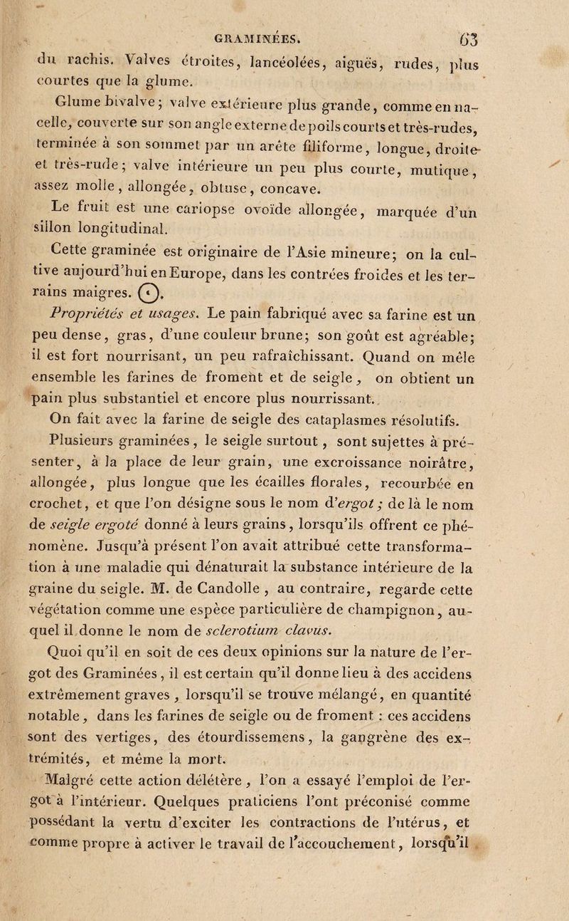 du rachis. Valves étroites, lancéolées, aiguës, rudes, plus courtes que la glume. Glume bivalve ; valve exJérieure plus grande, comme en na¬ celle, couverte sur son angle externe de poils courts et très-rudes, teimince a son sommet j)ar 7111 arête filiforme, longue, droite* et très-rude; valve intérieure un peu plus courte, mutique, assez molle, allongée, obtuse, concave. Le fruit est une carlopse ovoïde allongée, marquée d’un sillon longitudinal. Cette graminée est originaire de l’Asie mineure; on la cul¬ tive aujourd’hui en Europe, dans les contrées froides et les ter¬ rains maigres. O- Propriétés et usages. Le pain fabriqué avec sa farine est un peu dense, gras, d’une couleur brune; son goût est agréable; il est fort nourrisant, un peu rafraîchissant. Quand on mêle ensemble les farines de froment et de seigle, on obtient un pain plus substantiel et encore plus nourrissant.. On fait avec la farine de seigle des cataplasmes résolutifs. Plusieurs graminées , le seigle surtout, sont sujettes à pré¬ senter, à la place de leur grain, une excroissance noirâtre, allongée, plus longue que les écailles florales, recourbée en crochet, et que l’on désigne sous le nom ééergot; de là le nom de seigle ergoté donné à leurs grains, lorsqu’ils offrent ce phé¬ nomène. Jusqu’à présent l’on avait attribué cette transforma¬ tion à une maladie qui dénaturait la substance intérieure de la graine du seigle. M. de Candolle , au contraire, regarde cette végétation comme une espèce particulière de champignon, au¬ quel il,donne le nom de sclerotium clavus. Quoi qu’il en soit de ces deux opinions sur la nature de l’er¬ got des Graminées, il est certain qu’il donne lieu à des accidens extrêmement graves , lorsqu’il se trouve mélangé, en quantité notable, dans les farines de seigle ou de froment ; ces accidens sont des vertiges, des étourdissemens, la gangrène des ex¬ trémités, et même la mort. Malgré cette action délétère , l’on a essayé l’emploi de l’er¬ got à l’intérieur. Quelques praticiens l’ont préconisé comme possédant la vertu d’exciter les contractions de l’utérus, et comme propre à activer le travail de ^accouchement, lorsqVil