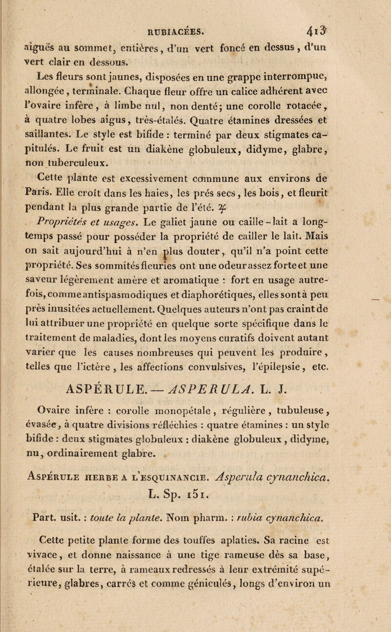 aiguës au sommetj entières, d’un vert foncé en dessus, d’un vert clair en dessous. Les fleurs sont jaunes, disposées en une grappe interrompue, allongée, terminale. Chaque fleur offre un calice adhérent avec Tovaire infère, à limbe nul, non denté; une corolle rotacée, à quatre lobes aigus, très-étalés. Quatre étamines dressées et saillantes. Le style est bifide : terminé par deux stigmates ca- pitulés. Le fruit est un diakène globuleux, didyme, glabre, non tuberculeux. Cette plante est excessivement commune aux environs de Paris. Elle croit dans les haies, les prés secs, les bois, et fleurit pendant la plus grande partie de l’été. ^ Propriétés et usages. Le galiet jaune ou caille-lait a long¬ temps passé pour posséder la propriété de cailler le lait. Mais on sait aujourd’hui à n’en plus douter, qu’il n’a point cette propriété. Ses sommités fleuries ont une odeur assez forte et une saveur légèrement amère et aromatique ; fort en usage autre¬ fois, comme antispasmodiques et diaphorétiques, elles sont à peu près inusitées actuellement. Quelques auteurs n’ont pas craint de lui attribuer une propriété en quelque sorte spécifique dans le traitement de maladies, dont les moyens curatifs doivent autant varier que les causes nombreuses qui peuvent les produire, telles que Tictère , les affections convulsives, l’épilepsie, etc. ASPÉRULE. —L. J. Ovaire infère : corolle monopétale, régulière , tubuleuse, évasée, à quatre divisions réfléchies : quatre étamines : un style bifide : deux stigmates globuleux : diakène globuleux , didyme, nu, ordinairement glabre. . Aspérule herbe a l’esquinancie. Asperula cjnanchica. L. Sp. i5i. Part. usit. : toute la plante. Nom pharm. : rubia cjnanchica. Cette petite plante forme des touffes aplaties. Sa racine est vivace, et donne naissance à une tige rameuse dès sa base, étalée sur la terre, à rameaux redressés à leur extrémité supé¬ rieure, glabres, carrés et comme géniculés, longs d’environ un