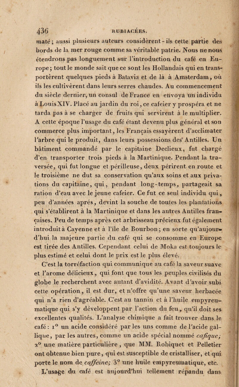 maté ; aussi plusieurs auteurs considèrent - iis cette partie des bords de la mer rouge comme sa véritable patrie. Nous ne nous étendrons pas longuement sur l’introduction du café en Eu¬ rope ; tout le monde sait que ce sont les Hollandais qui en trans¬ portèrent quelques pieds à Batavia et de là à Amsterdam, où ils les cultivèrent dans leurs serres chaudes. Au commencement du siècle dernier, un consul de France en envoya un individu à Louis.XIV. Placé au jardin du roi, ce cafeier y prospéra et ne tarda pas à se charger de fruits qui servirent à le multiplier. A cette époque l’usage du café étant devenu plus général et son commerce plus important, les Français essayèrent d’acclimater Farbre qui le produit, dans leurs possessions des’Antilles. Un bâtiment commandé par le capitaine Declieux, fut chargé d’en transporter trois pieds à la Martinique. Pendant la tra¬ versée, qui fut longue et périlleuse, deux périrent en route et le troisième ne dut sa conservation qu’aux soins et aux priva¬ tions du capitaine, qui, pendant long-temps, partageait sa ration d’eau avec le jeune cafeier. Ce fut ce seul individu qui, peu d’années après, devint la souche de toutes les plantations qui s’établirent à la Martinique et dans les autres Antilles fran¬ çaises. Peu de temps après cet arbrisseau précieux fut également introduit à Cayenne et à Pile de Bourbon; en sorte qu’aujour- d’hui la majeure partie du café qui se consomme en Europe est tirée des Antilles. Cependant celui de Moka est toujours le plus estimé et celui dont le prix est le plus élevé. C’est la torréfaction qui communique au café la saveur suave et l’arome délicieux, qui font que tous les peuples civilisés du globe le recherchent avec autant d’avidité. Avant d’avoir subi cette opération, il est dur, et n’offre qu’une saveur herbacée qui n’a rien d’agréable. C’est au tannin et à l’huile empyreu- matique qui s’y développent par l’action du feu, qu’il doit ses excellentes qualités. L’analyse chimique a fait trouver dans le café ; I® un acide considéré par les uns comme de l’acide gal- lique, par les autres, comme un acide spécial nommé cajîque; 2® une matière particulière , que MM. Robiquet et Pelletier ont obtenue bien pure, qui est susceptible de cristalliser, et qui porte le nom de caffeine; 3^^ une huile empyreumatique, etc. L’usa-ge du café est aujourd’hui tellement répandu dans