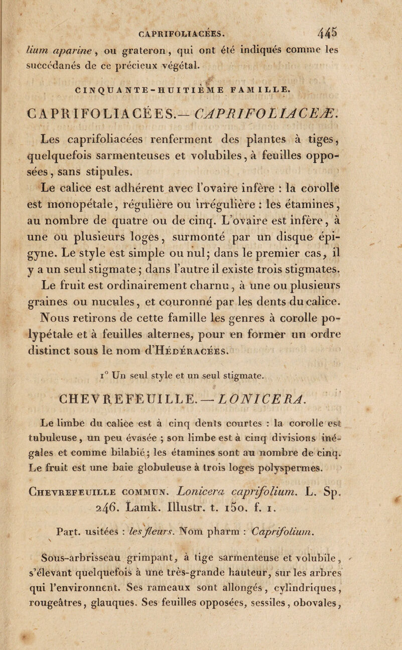 CAPRIFÔLTACÉES. 44^ lium aparine , ou grateron, qui ont été indiqués comme les succédanés de ce précieux végétal. CINQUANTE-HUITIÈME FAMILLE. CAPRIFOLIACÉES.— CJPRIFOLIJCEÆ. Les caprifoliacées renferment des plantes à tiges, quelquefois sarmenteuses et volubiles, à feuilles oppo¬ sées , sans stipules. Le calice est adhérent avec l’ovaire infère : la corolle est monopétale, régulière ou irrégulière : les étamines, au nombre de quatre ou de cinq. L’ovaire est infère, à une ou plusieurs loges, surmonté par un disque épi- gyne. Le style est simple ou nul; dans le premier cas, il y a un seul stigmate ; dans l’autre il existe trois stigmates. Le fruit est ordinairement charnu, à une ou plusieurs graines ou nucules, et cquronné par les dents du calice. Nous retirons de cette famille les genres à corolle po- lypétale et à feuilles alternes, pour en former un ordre distinct sous le nom d’HÉDÉRACÉES. i'^ Un seul style et un seul stigmate. CHEVREFEUILLE. —Z OA/ Le limbe du calice est à cinq dents courtes : la corolle est tubuleuse , un peu évasée ; son limbe est à cinq divisions iné¬ gales et comme bilabié ; les étamines sont au nombre de cinq. Le fruit est une baie globuleuse à trois loges polyspermes. CHEVREFEUILLE COMMUN. Lonicero, caprifolium, L. Sp. 24b. Lamk. lllustr. t. i5o. f. i. Part, usitées : les fleurs. Nom pharm : Caprifoliuin. \ Sous-arbrisseau grimpant, à tige sarmenteuse et volubile, - s’élevant quelquefois à une très-grande hauteur, sur les arbres qui l’environnent. Ses rameaux sont allongés, cylindriques, rougeâtres, glauques. Ses feuilles opposées, sessiles, obovales,