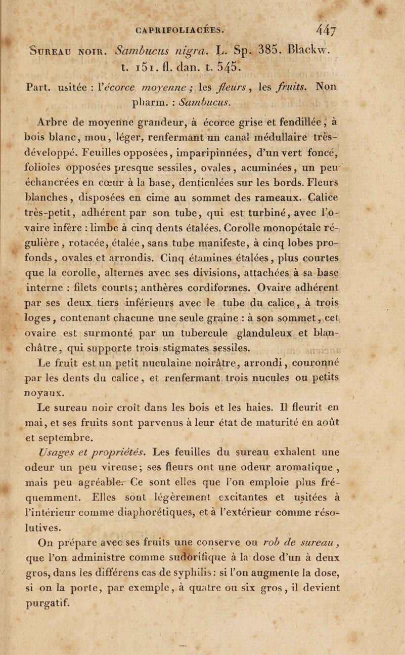 Sureau noir. Sambucus nigra. L. Sp. 385, Blackw. t. i5i. fl. dan. t. 545. Part, usitée : Vécorce moyenne ; les fleurs , les fruits. Non pliarra. : Sambucus. Arbre de moyenne grandeur, à écorce grise et fendillée, à bois blanc, mou, léger, renfermant un canal médullaire très- développé. Feuilles opposées, imparipinnées, d’un vert foncé, folioles opposées presque sessiles, ovales, acuminées, un peu' échancrées en cœur à la base, denticulées sur les bords. Fleurs blanches, disposées en cime au sommet des rameaux. Calice très-petit, adhérent par son tube, qui est turbiné, avec l’o¬ vaire infère : limbe à cinq dents étalées. Corolle monopétale ré¬ gulière, rotacée, étalée, sans tube manifeste, à cinq lobes pro¬ fonds, ovales et arrondis. Cinq étamines étalées, plus courtes que la corolle, alternes avec ses divisions, attachées à sa base interne : filets courts ; anthères cordiformes. Ovaire adhérent par ses deux tiers inférieurs avec le tube du calice , à trois loges, contenant chacune une seule graine : à son sommet, cet ovaire est surmonté par un tubercule glanduleux et bla,n- châtre, qui supporte trois stigmates sessiles. j. Le fruit est un petit nuculaine noirâtre, arrondi, couronné par les dents du calice, et renfermant trois nucules ou petits noyaux. Le sureau noir croît dans les bois et les haies. Il fleurit en mai, et ses fruits sont parvenus à leur état de maturité en août et septembre. Usages et propriétés. Les feuilles du sureau exhalent une odeur un peu vireuse; ses fleurs ont une odeur aromatique , mais peu agréable-. Ce sont elles que l’on emploie plus fré¬ quemment, Elles sont légèrement excitantes et usitées à l’intérieur comme diaphorétiques, et à l’extérieur comme réso¬ lutives. On prépare avec ses fruits une conserve ou roh de sureau, que l’on administre comme sudorifique à la dose d’un à deux gros, dans les différeras cas de syphilis : si l’on augmente la dose, si on la porte, par exemple, à quatre ou six gros, il devient purgatif.