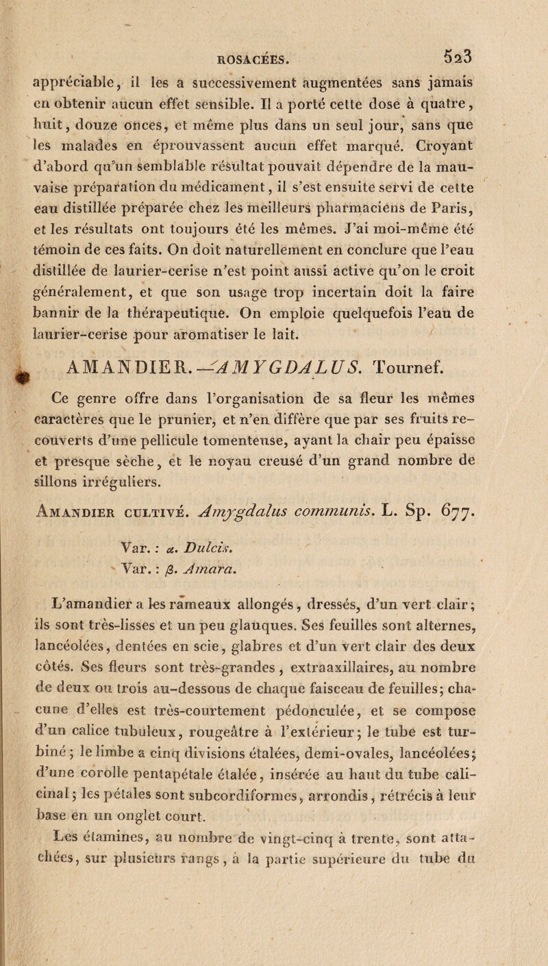 appréciable, il les a successivement augmentées sans jamais en obtenir aucun effet sensible. Il a porté celte dose à quatre, huit, douze onces, et même plus dans un seul jour, sans que les malades en éprouvassent aucun effet marqué. Croyant d’abord qu’un semblable résultat pouvait dépendre de la mau¬ vaise préparation du médicament, il s’est ensuite servi de cette eau distillée préparée chez les meilleurs pharmaciens de Paris, et les résultats ont toujours été les mêmes. J’ai moi-mc-me été témoin de ces faits. On doit naturellement en conclure que l’eau distillée de laurier-cerise n’est point aussi active qu’on le croit généralement, et que son usage trop incertain doit la faire bannir de la thérapeutique. On emploie quelquefois l’eau de laurier-cerise pour aromatiser le lait. AMANDIER. —AM Y G DA LU S. Tournef. Ce genre offre dans l’organisation de sa fleur les mêmes caractères que le prunier, et n’en diffère que par ses fruits re¬ couverts d’une pellicule tomenteuse, ayant la chair peu épaisse et presque sèche, et le noyau creusé d’un grand nombre de sillons irréguliers. Amandier cultivé. Amygdalus communis. L. Sp. 677. Var. : m. Dulcis. Var. : fi. Jmara. L’amandier a les rameaux allongés, dressés, d’un vert clair; ils sont très-lisses et un peu glauques. Ses feuilles sont alternes, lancéolées, dentées en scie, glabres et d’un vert clair des deux côtés. Ses fleurs sont très-grandes , extraaxillaires, au nombre de deux ou trois au-dessous de chaque faisceau de feuilles; cha¬ cune d’elles est très-courtement pédonculée, et se compose d’un calice tubuleux, rougeâtre à l’extérieur; le tube est tur¬ biné ; le limbe a cinq divisions étalées, demi-ovales, lancéolées; d’une corolle pentapétale étalée, insérée au haut du tube cali- cinal ; les pétales sont subcordiformes, arrondis, rétrécis à leur base en un onglet court. Les étamines, au nombre de vingt-cinq à trente, sont atta¬ chées, sur plusieurs rangs, à la partie supérieure du tube du