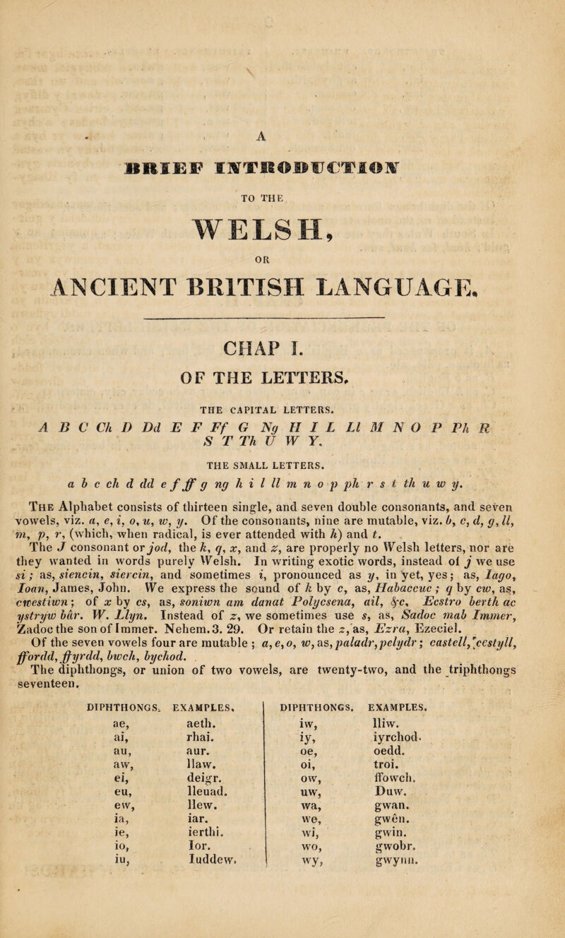 A JBHIEF TO THE WELSH, OR ANCIENT BRITISH LANGUAGE. CHAP 1. OF THE LETTERS. THE CAPITAL LETTERS. A B C Ch D Dd E F Ff G Ng H I L Ll M N O P Ph R S T Th U W Y, THE SMALL LETTERS. a h c ch d dd e f ff g ng h i l ll m n o p ph r s t th u w y. The Alpìiabet consists of tbirteen single, and seven double consonants, and seten Yowels, viz. «, e, i, o, u, lo, y. Of tbe consonants, nine are mutable, viz. b, c, d, g, ll, m, p, r, (wbicb, wben radical, is ever attended witb h) and t. The J consonant orjod, tbe k, q, x, and z, are properly no Welsh letters, nor aré tbey wanted in words purely VTelsh. In writing exotic words, instead oí j we use si; as, siencin, siercin, and sometìmes i, pronounced as y, in 'yet, yes j as, lago, loan, Jarnes, Jobn. We express the sound of k by c, as, Hahaccuc ; q by cw, as, cwestiwn; of a: by cs, as, soniwn am danat Polycsena, ail, ^c, Ecstro herth ac ystryw hàr. W. Llyn. Instead of z, we sometimes use s, as, Sadoc mah Immer, Zadocthe sonof Immer. Nebem.3. 29. Or retain tbe 5,As, Ezra, Ezecie]. Of tbe seven vowels fourare rautable ; a,e,o, w,^^,paladr,pelydr; castell,\cestyll, ffordd, ffyrdd, hwch, hychod. Tbe dipbthongs, or union of two vowels, are twenty-two, and the triphthongs seyenteen. diphthongs. ENAMPLES, DIPHTHONGS. ENAMPLES. ae. aetb. iw, lliw. ai. rhai. iy» iyrcbod. au. aur. oe. oedd. aw. llaw. oi. troi. ei, deigr. ow. ífowch. eu, lleuad. uw, Duw. ew, llew. wa. gwan. ia, iar. vve. gwên. ie. iertbi. wi, gwin. io, lor. wo. gwobr. iu, luddew. wy, gwynii.