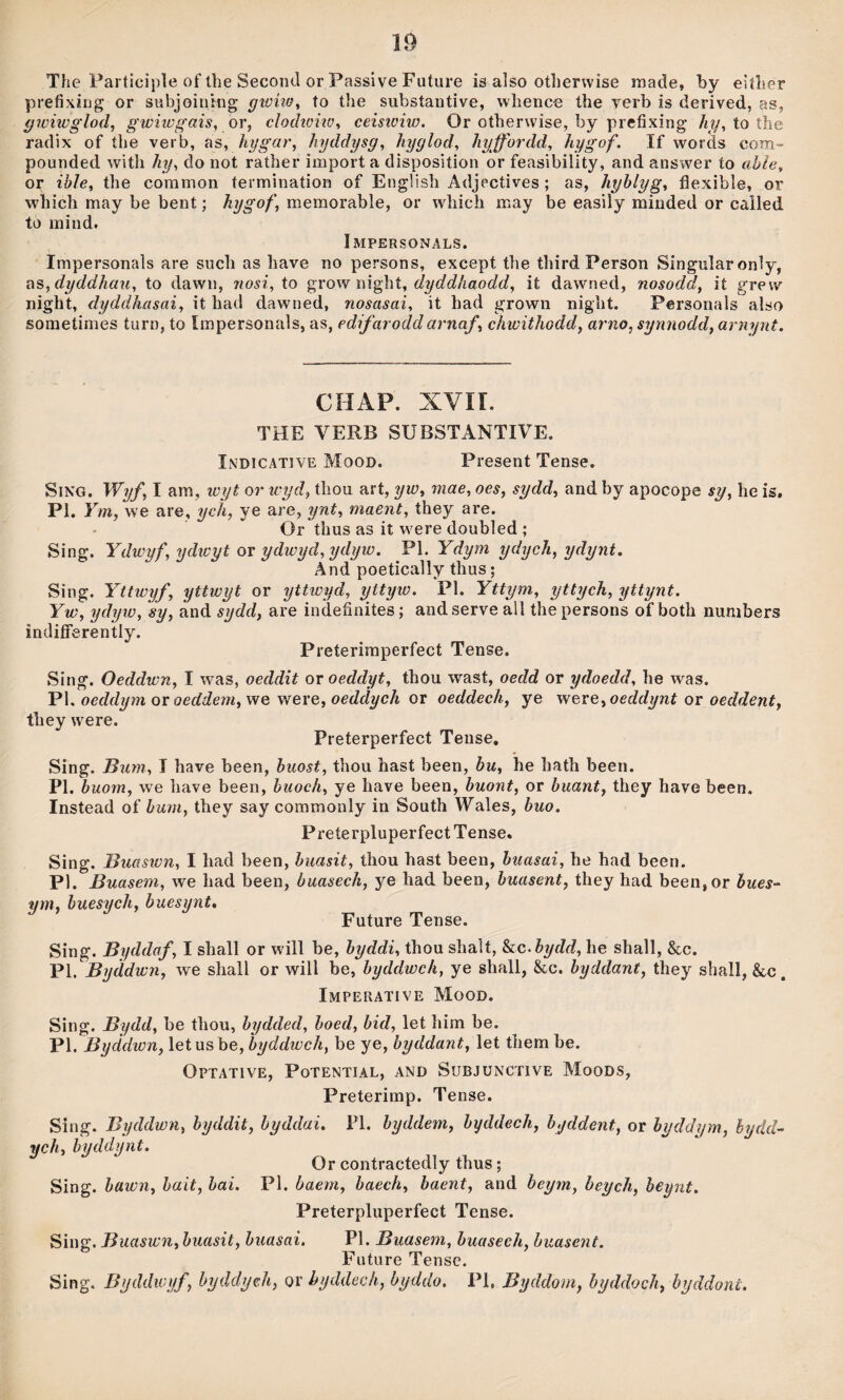 The Participìe of ihe Second or Passiye Future is also otherwise raade, by eiíher prefixiijg or subjointng giüíio^ to the substantive, whence the verb is derived, as, gwiìüglod, gwiwgais^ or, clodwiîo^ ceisiüiw. Or otherwise, by prefixing /<?/, to the radix of the verb, as, hggar, hgddgsg, hgglod, hyffordd, hggof. If words com- pounded with hy, do not rather import a disposition or feasibility, and answer to ablc, or ihle, the common termination of Engüsh Adjecíives ; as, hyhlyg, flexible, or which may be bent; hygof, memorable, or whicli may be easily minded or called to mind. Impersonals. Impersonals are such as have no persons, except the third Person Singular only, ?\s,dyddhau, to dawn, nosi, to dyddhaodd, it dawned, nosodd, it grew night, dyddhasai, it had dawned, nosasai, it had grown night. Personals also sometimes turn, to Impersonals, as, edifarodd arnaf, chwithodd, arno, sijnnodd, arnynt. CÎIAP. XVIT. THE VERB SUBSTANTIYE. Indicatiye Mood. Present Tense. SiNG. Wyf, I am, ivyt or icyd, thou art, yw, mae, oes, sydd, and by apocope sy, he is. Pl. Ym, we are, ych, ye are, ynt, maent, they are. Or thus as it w^ere doubled ; Sing. Ydwyf, ydwyt OT ydwyd,ydyw. Pl. Ydym ydych, ydynt. And poetically thus; Sing. Yttwyf, yttwyt or yttwyd, yttyw. Pl. Yttym, yttych, yttynt. Yw, ydyw, sy, and sydd, are indefinites; and serve all the persons of both nunibers îndiíferently. Preteriraperfect Tense. Sing. Oeddwn, I was, oeddit or oeddyt, thou wast, oedd or ydoedd, he was. Pl. oeddymoxoeddem,vfe yíe\'o,oeddych Qx oeddech, ye 'wore,oeddynt ov oeddent, they were. Preterperfect Teiise, Sing. Bum, I have been, buost, thou hast been, bu, he hath been. Pl. buom, we have been, buoch, ye have been, buont, or buant, they have been. Instead of bum, they say commonly in South Wales, buo. Preíerpluperfect Tense. Sing. Buasicn, I had been, buasit, thou hast been, buasai, he had been. Pl. Buasem, we liad been, buasech, ye had been, buasent, they had been,or hues- ym, huesych, huesynt, Future Tense. Sing. Byddaf, I shall or will be, byddi, thou shaìt, hc.hydd, he shall, &c. Pl. Byàdwn, we shall or will be, hyddwch, ye shall, &c. byddant, they shall, &c, Imperatiye Mood. Sing. Bydd, be thou, bydded, boed, bid, let liim be. Pl. Byddwn, letus be, byddwch, be ye, byddant, let them be. Optatiye, Potential, and Subjünctiye Moods, Preterimp. Tense. Sing. Byddwn, byddit, byddai. Pl. hyddem, byddech, byddent, or byddym, hydd~- ych, byddynt. Or contractedly thus; Sing. bawn, hait, hai. Pl. baem, baech, baent, and beym, beycli, beynt. Preterpluperfect Tense. Sing. Buaswìi, buasit, buasai. Pl. Buasem, buaseeh, buasent. Future Tense. Sing. Byddwyf, hyddych, or hyddech, byddo. Pl, Byddom, hyddoch, hyddonî.