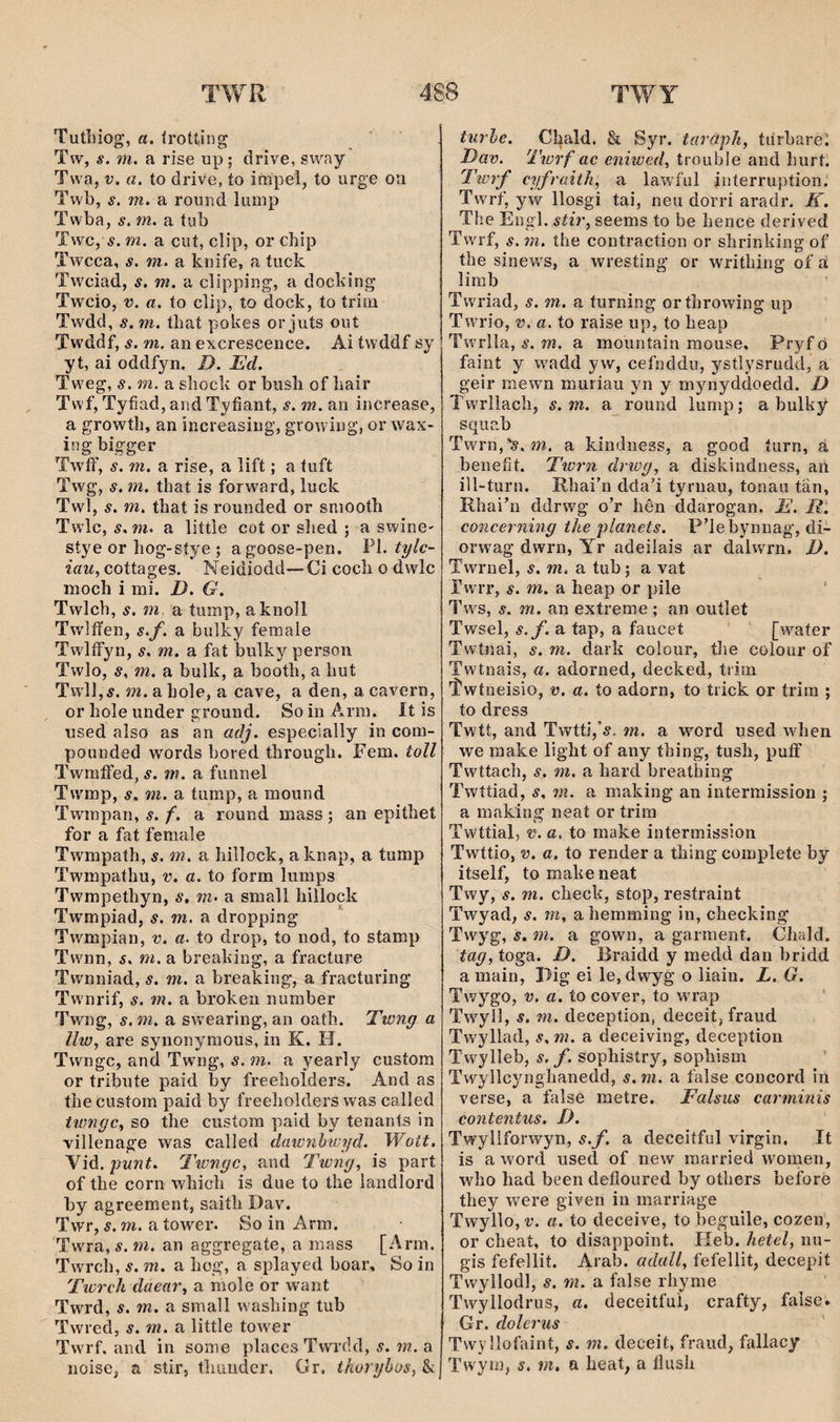 Tutlîiog, a. íroítiiig Tvv, s. m. a rise up; drive, sway Twa, V. a. to drive, ío impel, to urge on Twb, s. m. a round liimp Twba, s. m. a tub Twc,^9. m. a cut, clip, or cbip Twcca, s. m. a kiiiíe, a tuck Tw^iad, $. m. a clipping, a docbing Twcio, V. a. to cîip, to dock, to trim Twdd, s. m. tbat pokes or juts out Twddf, s. m. an excrescence. Ai twddf sy yt, ai oddfyn. D. Ed. Tweg, s. m. a sliocb or biisb of bair Twf, Tyíìad, and Tyfiant, s. m. an increase, a growtb, an íncreasing, growing, or wax- ing big'ger TwíF, s. m. a rise, a lift; a tuft Twg, s. m. that is forward, luck Twl, s. m. tbat is rounded or sniootb Twlc, s.m. a little cot or slied ; a swine- síye or bog-síye ; agoose-pen, ¥1. tylc- iau, cottages. Neidiodd— Ci cocb o dwlc mocb i mi. D. G. Twlcb, s. m. a íump, aknoll Twdffen, s.f. a bulky female Twdffyn, s. m. a fat bulky person Twlo, s. m. a bulk, a bootb, a but Twll,í. m.abole, a cave, a den, acavern, or bole under ground. So in Arm. It is used also as an aâj. especially in com- pounded words bored tbrougb. Fem. toll Twraffed, s. m. a funnel Tw'mp, s. m. a tump, a mound Twrapan, í./. a round mass; an epitbet for a fat female Twmpatb, s. m. a billock, aknap, a tump Twmpatbu, X!. a. to form lumps Twmpetbyn, s. m. a small biìlock Twmpiad, s. m. a dropping Twmpian, v. a. to drop, to nod, to stamp Twran, s. m. a breabing, a fracture Twnniad, s. m. a breaking, a fracturing Twnrif, s. m. a broken number Twng, s. m. a swearing, an oatb. Twng a llwy are synonyraous, in K. H. Twngc, and Twrag, s. m. a yearly custom or tribute paid by freebolders. And as tlie custom paid by freebolders was calîed twngc, so tbe custom paid by tenants in YÌllenage was called dawnhwyd. Woit. Yid. pwwí. Twngc, and Twng, is part of tbe corn wbiob is due to tbe landlord by agreement, saitb Dav. Twr, s. m. a tower. So in Arm. Twra, s. m. an aggregate, a mass [Arm. Twrcb, s. m. a bog, a splayed boar, So in Twrch claear, a mole or want Twrd, s. m. a smaìl wasbing tub Twred, í. a little tower Twrf. and in sorae places Twrdd, s. m. a noise, a stir, tliundcr. Gr, thoryhos, & turhe. Chald. & Syr. taraph, tdrbarel Dav. Twrf ac eniwed, trouble and burt. Twrf cyfraith, a lawdul interruption. Twrf, yw llosgi tai, neii dorri aradr. K. The Engl. stir, seems to be bence derived Twrf, s. m. the contraction or sbrinhing of tbe sinews, a wresting or writhing of á îirab Twriad, s. m. a turning ortbrowing up Twrio, V. a. to raìse up, to beap Twrlla, s. m. a mountain mouse, Pryf 0 faint y w\add yw, cefnddu, ystlysrudd, a geir mewm muriau yn y mynyddoedd. D l’wrllacli, s. m. a round lump; a bulky squab Twrn,'5. m. a bindness, a good íurn, a benefít. Twrn drwg, a diskindness, an ill-turn. Rbai’n dda’i tyrnau, tonau tän, Rhaibi ddrwg oT hên ddarogan. K. R. concerning the planets. P’lebynuag', di- orwag dwrn, Yr adeilais ar dalwrn. D. Twrnel, s. m, a tub; a vat Twrr, s. m. a heap or pile ' Tws, s. m. an extreme ; an outlet Twsel, s.f. a tap, a faucet ' ' [water Twtnai, s. m. dark colour, tbe colour of Twtnais, a. adorned, decked, tiim 'íwtneisio, v. a. to adorn, to tiick or trirn ; to dress Twtt, and Twtti,’^. m. a wmrd used wben we make ligbt of any tbing, tusb, puff Twítacb, s. m, a bard breathing Twttiad, s. m. a making an intermission ; a making neat or trim Twttial, V. a. to make intermission Twttio, V. a, to render a tbing complete by itself, tomabeneat Twy, s. m. cbeck, stop, resíraint Twyad, s. m, abemming in, cbecking Twyg, s, m. a gown, a garraent. Cbald. tag, toga. D. Rraidd y medd dan bridd a main, Dig ei le, dwyg o liain. L. G. Twygo, V. a. to cover, to w^ap Twyll, s. m. deception, deceit, fraud Twyllad, s. m. a deceiving, deception Twylleb, s. f. sopbistry, sopbism Tw'^yllcyngbanedd, s. m. a false concord in verse, a false metre. Falsus carminis contentus. D. Twyllforwyn, s.f. a deceitful virgin. It is a word used of new raarried women, wbo had been defloured by otbers before they were given in marriage Twyllo,t’. a. to deceive, to beguile, cozen, or cbeat, to disappoint. Heb. hetel, nu- gis fefellit. Arab. adall, fefellit, decepit Twyllodl, s. m. a false rbyme Twyllodrus, a. deceitfui, crafty, false* Gr. dolerus Twyîlofaint, s. m. deceit, fraud, fallacy Twym, s. m. n beat, a íiusb