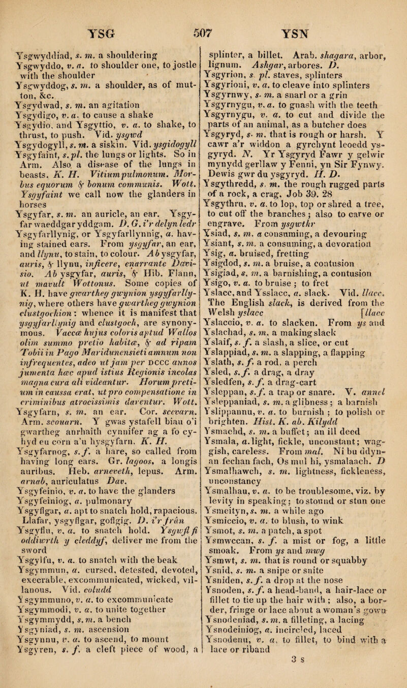 Ysofwyddiad, m. a shoulderin^ Ysgwyddo, v. ä. to slioulder one, to jostle with the shoiilder Ysícwyddog, s. m. a shoulder, as of mut- íon, &c. Ysgydwad, s. m. an agiíation Ysgydigo, V. a. to cause a shake Ysgydio, and Ysgyttio, v. a. to shake, to thrust, to push. Y\à.. ysyiud Ysgydogylî, s. m. a siskin. Yid. ysgidogyll Ysgyfaint, s.yl. the lungs or lights. So in; Arm. Also a disease of the lungs in heasts. K. H. Vitiumpulmonum. Mor- hus eyuorum ^ honum communis. Wott. ] Ysgyfaint we call now the glanders in horses Ysgyfar, s. m. an auricle, an ear. Ysgy-, far waeddgar yddgam. D. G. i’r delyn ledr Ysgyfarllynig, or Ysgyfarllynnig, a. hav- ing stained ears. From ysgyfar,?iìì ear, and llynii. to stain, to colour. Aẃ ysgyfar, auris, ^ llynu, injicere, enarrante Davi- sio. A&ysgyfar, auris, ^ Hib. Flann, ut mavidt Wottonus. Some copies of K. H. have gwartheg gwynion ysgyfarlly- nig, where others have gwartìieg gwynion clustgochion : whence it is manifest that ysgyfarllynig and clustgoch, are synony- mous. Ÿaccce hujus coloris aptud Wallos olim summo pretio hahitce, ^ ad ripam Tohii in Pago Maridunensieti amnum non infreguentes, adeo ut jarn per DCCC annos jumenta hcec apud istius Ìieyionis incolas magna cura ali videantur. Horum preti- um incaussa erat, utpro compensatione in cì'iminibus atrocissimis darentur. Wott. Ysgyfarn, s. m. an ear. Cor. scerarn. Arm. scouarn. Y gwas ystafell biau o’i gwaríheg anrlìaith cynnifer ag a fo cy- hyd eu corn a’u hysgyfani. K. H. Ysgyfarnog, s.f. a hare, so called from having long eais. Gr. lagoos, a longis auribus. Heb. arnereth, lepus. Arm. ornab, auriculatus Dav. Ysgyfeinio, v. a. to have the glanders Ysgyfeiniog, a. pulmonary Ysgyflgar, a. aptto snatch hold, rapacious. Llafar, ysgyflgar, gofìgig. D. i’rjrân Ysgj'^fln, îj, a. to snatch hold. Ỳsgtoflfi oddiwrth y cleddyf, deliver me from tiie sword Ysgylfu, V. a. to snatcli wiíh thebeak Ysgyrnmun, a. cursed, deíested, devoted, execrable, excümmunicated, wiched, vil- lanous. Vid. coludd ’Ysgymmuno,?;. a. to excommunicate Ysgyminodi, v. a. to unite togetlier Ysgymmydd, s.m. a bench ysgyniad, s. m. ascension Ysgynnu, v. a. to ascend, to mount Ysgyren, s. f. a cleft piece of wood, a splinter, a billet. Arab. shagara, arbor, lignum. arbores. D. Ysgyrion, s pî. staves, splinters Ysgyrioni, v. a. to cleave inío splinters Ysgyrnwy, s- m. a snarl or a grin Ysgyrnygu, v.a. to gnash with tlie teeth Ysgyrnygu, v. a. to cut and divide the parts of an aniinal, as a butcher does Ysg yryd, s- m. fhat is rough or liarsh. Ÿ cawr aY widdon a gyrchynt leoedd ys-' gyryd. N. Yr Ysgyryd Fawr y gelwir raynydd gerllaw y Fenni, yn Sir Fynwy. Dewis gwr du ysgyryd. //. D. Ysgythredd, s. m. the rough rugged parls of a rock, a crag, Job 39. 28 Ysgyíhru, v. a. to lop, top orshred a tree, to cut oíF the branches ; also to carve or engrave. From ysgwthr Ysiad, s. m. a consuraing, a devouring Ysiant, s. m. a consuming, a devoraíioii Ysig, a. bruised, fretting Ysigdod, s. m. a bruise, a contusion YYigiad, s. m. a barnishing, a contusion Ysigo, V. a. to bniise ; to fret Yslacc, and Ysslacc, a. 8Ìack. Vid. lìace. The English slach, is derived from the Wolûìyslacc [ilacc Yslacoio, V. a. to slaclcen. From ys and Y^slachad, s. m. a makingslack Yslaif, s. f. a slash, a slice, or cut Yslappiad, s. m. a slapping, a fíapping Yslath, s. f. a rod, a percli Ysled, s.f. a drag, a dray Ysledfen, s.f. a drag-cart Ysleppan, s.f. a trap or snare. V. annel Ysleppaniad, s. m. a glibness ; a barnisb Yslippannu, v. a. to bnrnish ; to polish or brigîiten. Hist. K. ab. Kilydd Ysmachd, s. m. a huífet; an iil deed Ysrnala, a.light, fìckle, nnconstant; wag- gish, careless. Fromwa/. Nibuddyn-= an fechan faclì, Osmul hi, ysmalaach. D Ysmalhawch, s. m. lightiiess, fichleness, uncoiistancy Ysmalhau, v. a. to be íroublesome, viz. by levity in speaking; tostound or stiin one Ysraeityn,Ä. m. a while ago Ysmiccio, V. a. to blush, to wink Ysmot, s. m. a patcìi, a spot Ysmw'ccan, s, f. a inist or fog, a little smoak. From ys and mwy Ysmwt, s. m. thatis round orsquabby Ysnid, s. m. a snipe or snite Ysniden, s.f. a drop at the nose Ysnoden, s.f. ahead-band, a Iiair-lace or fillet to tie up the hair witb ; also, a bor- der, fringe orlace about a woman’s gowa Y snodeniad, s.m. a filleting, a lacing Ysnodeiniog, a. incircled, laced Ysnodenu, v. a. to fillet, to bind w'ith a lace or riband 3 s