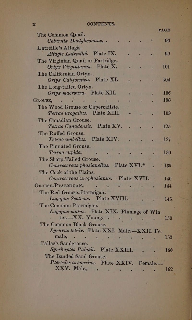 The Common Quail. Coturnix Dactylisonans, . Latreille’s Attagis. Attagis Latreillei. Plate IX. The Virginian Quail or Partridge. Ortyx Virginianus. Plate X. The Californian Ortyx. Ortyx Californica. Plate XI. The Long-tailed Ortyx. Ortyx macroura. Plate XII. GROUSE, The Wood Ge or Cannes Tetrao urogallus. Plate XIII. The Canadian Grouse. The Ruffed Grouse. Tetrao umbellus. Plate XIV. The Pinnated Grouse. Tetrao cupido, The Sharp-Tailed Grouse. The Cock of the Plains. GrousE-PTARMIGAN, : The Red Grouse-Ptarmigan. The Common Ptarmigan. ter.— XX. Young, . The Common Blaek Grouse. male, Pallas’s Sandgrouse. The Banded Sand Grouse. XXV. Male, : : 109 125 127 130 140 144 160