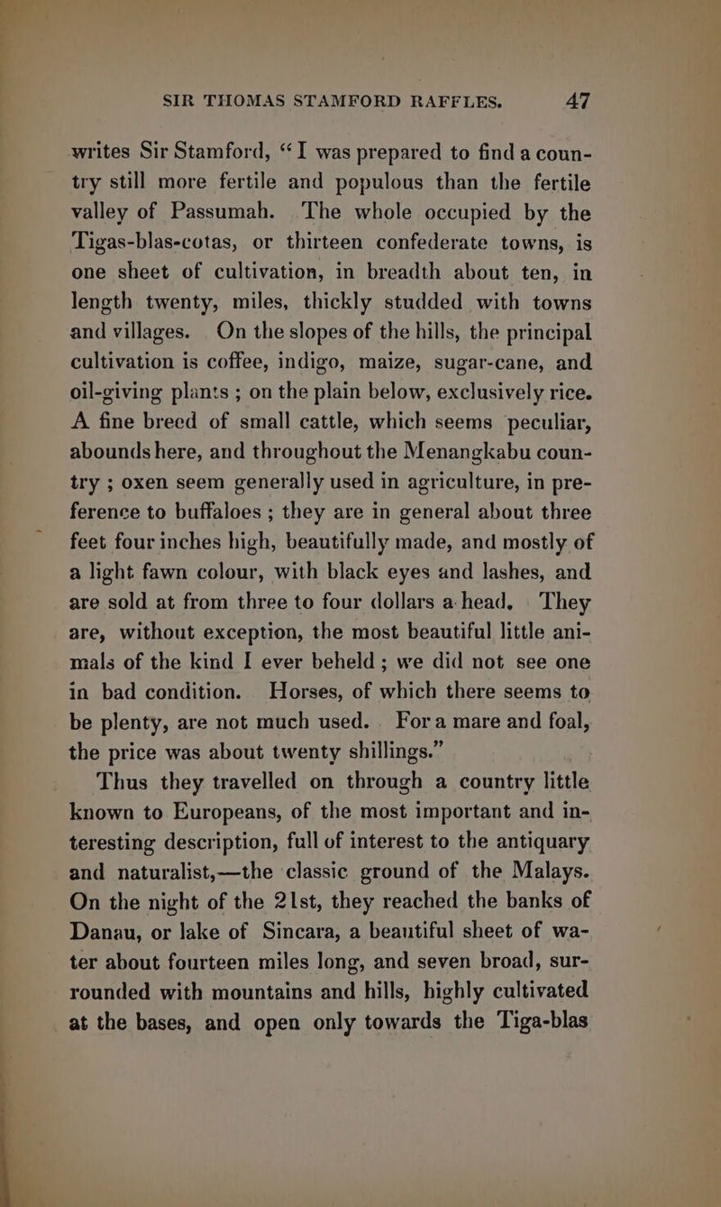 writes Sir Stamford, “I was prepared to find a coun- try still more fertile and populous than the fertile valley of Passumah. The whole occupied by the Tigas-blas-cotas, or thirteen confederate towns, is one sheet of cultivation, in breadth about ten, in length twenty, miles, thickly studded with towns and villages. On the slopes of the hills, the principal cultivation is coffee, indigo, maize, sugar-cane, and oil-giving plants ; on the plain below, exclusively rice. A fine breed of small cattle, which seems peculiar, abounds here, and throughout the Menangkabu coun- try ; oxen seem generally used in agriculture, in pre- ference to buffaloes ; they are in general about three feet four inches high, beautifully made, and mostly of a light fawn colour, with black eyes and lashes, and are sold at from three to four dollars a head, They are, without exception, the most beautiful little ani- mals of the kind I ever beheld ; we did not see one in bad condition. Horses, of which there seems to be plenty, are not much used. Fora mare and foal, the price was about twenty shillings.” Thus they travelled on through a country little known to Europeans, of the most important and in- teresting description, full of interest to the antiquary and naturalist,—the classic ground of the Malays. On the night of the 2lst, they reached the banks of Danau, or lake of Sincara, a beautiful sheet of wa-. ter about fourteen miles long, and seven broad, sur- rounded with mountains and hills, highly cultivated at the bases, and open only towards the Tiga-blas