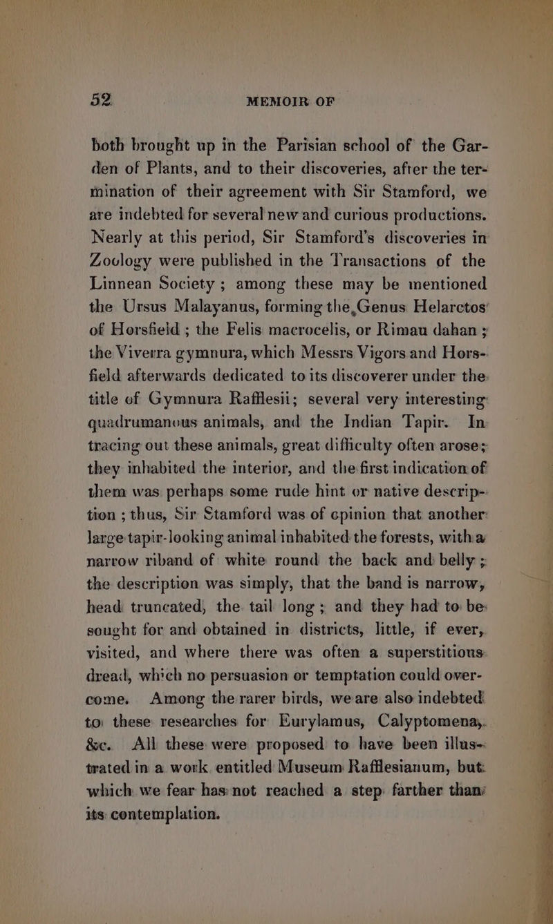 both brought up in the Parisian school of the Gar- den of Plants, and to their discoveries, after the ters mination of their agreement with Sir Stamford, we are indebted for several new and curious productions. Nearly at this period, Sir Stamford’s discoveries in Zovlogy were published in the Transactions of the Linnean Society ; among these may be mentioned the Ursus Malayanus, forming the,Genus Helarctos' of Horsfield ; the Felis macrocelis, or Rimau dahan ; the Viverra gymnura, which Messrs Vigors and Hors- field afterwards dedicated to its discoverer under the. title of Gymnura Rafflesii; several very interesting: quadrumanous animals, and the Indian Tapir. In tracing out these animals, great difficulty often arose; they inhabited the interior, and the first indication of them was perhaps some rude hint or native descrip- tion ; thus, Sir Stamford was of cpinion that another: large tapir-looking animal inhabited the forests, witha narrow riband of white round the back and belly ; the description was simply, that the band is narrow, head truncated, the tail long; and they had to be: sought for and obtained in districts, little, if ever, visited, and where there was often a superstitious dread, which no persuasion or temptation could over- come. Among the rarer birds, we are also indebted to: these researches for Eurylamus, Calyptomena,. &amp;c. All these were proposed to have been illus- trated in a work entitled Museum Rafflesianum, but: which we fear has not reached a step farther thani its: contemplation.