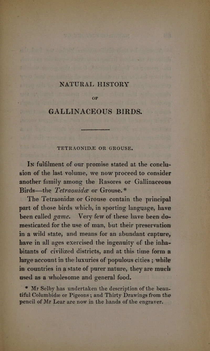 NATURAL HISTORY OF GALLINACEOUS BIRDS. TETRAONIDZ OR GROUSE. In fulfilment of our promise stated at the conclu- sion of the last volume, we now proceed to consider another family among the Rasores or Gallinaceous Birds—the Tetraonide or Grouse. * The Tetraonide or Grouse contain the principal part of those birds which, in sporting language, have been called game. Very few of these have been do- mesticated for the use of man, but their preservation in a wild state, and means for an abundant capture, have in all ages exercised the ingenuity of the inha- bitants of civilized districts, and at this time form a large account in the luxuries of populous cities ; while in countries in a state of purer nature, they are much used as a wholesome and general food. * Mr Selby has undertaken the description of the beau- tiful Columbide or Pigeons; and Thirty Drawings from the pencil of Mr Lear are now in the hands of the engraver.