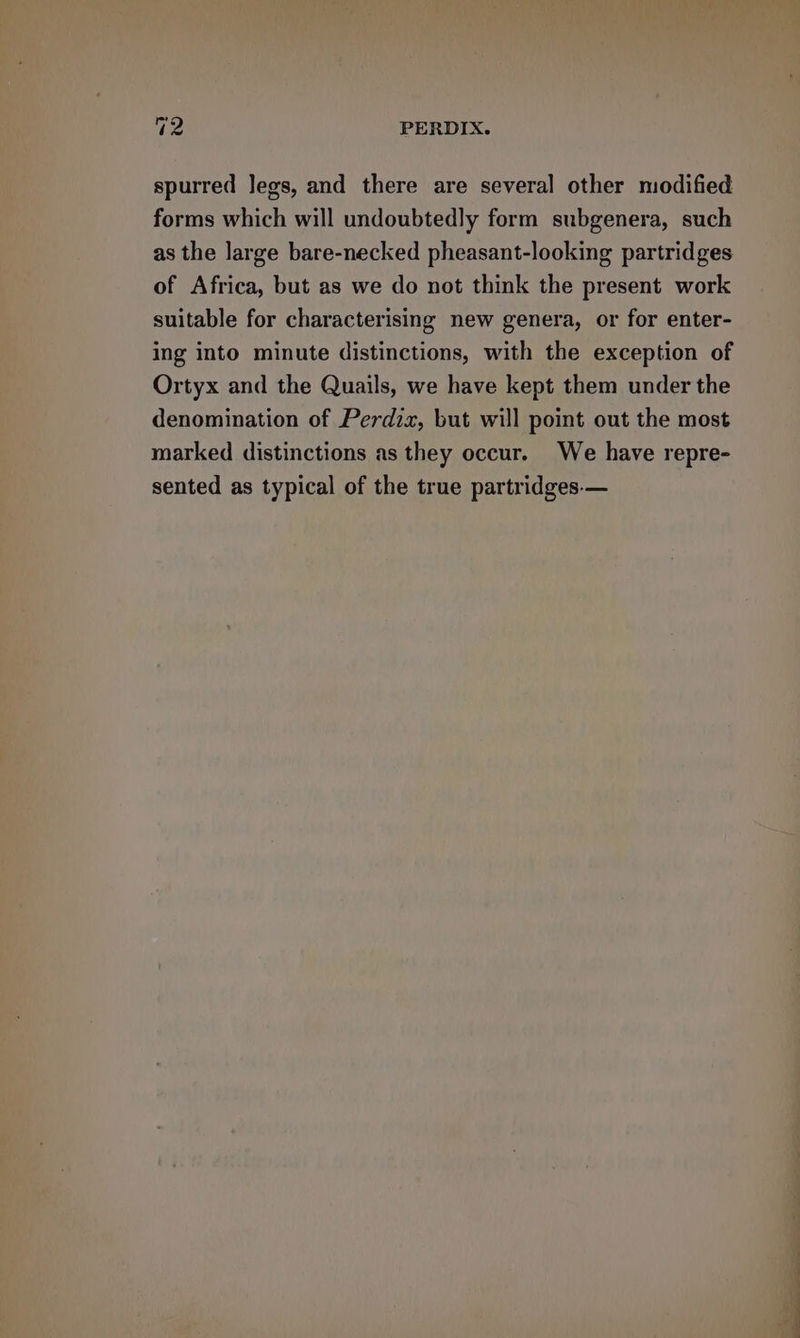 he PERDIX. spurred Jegs, and there are several other modified forms which will undoubtedly form subgenera, such as the large bare-necked pheasant-looking partridges of Africa, but as we do not think the present work suitable for characterising new genera, or for enter- ing into minute distinctions, with the exception of Ortyx and the Quails, we have kept them under the denomination of Perdix, but will point out the most marked distinctions as they occur. We have repre- sented as typical of the true partridges.—