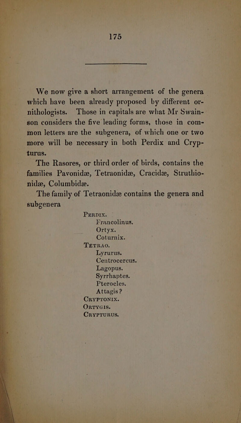 _ We now give a short arrangement of the genera which have been already proposed by different or- nithologists. Those in capitals are what Mr Swain-— gon considers the five leading forms, those in com- - mon letters are the subgenera, of which one or two more will be necessary in both Perdix and Cryp- _ turus. The Rasores, or third order of birds, contains the families Pavonide, Tetraonide, Cracidz, Struthio- nidz, Columbide. | | The family of Tetraonide contains the genera and subgenera PERDIX. Francolinus. Ortyx. Coturnix. TETRAO. Lyrurus. Centrocercus. Lagopus. Syrrhaptes. Pterocles. Attagis ? CrYPTONIX. OrryGIs. CRYPTURUS.