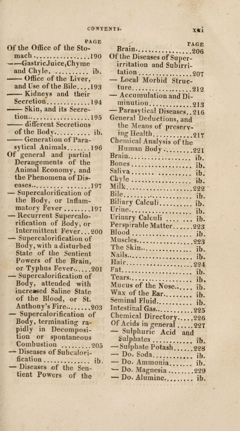 X«l PAGE Of the Office of the Sto¬ mach .. ——Gastric Juice,Chyme and Chyle.ib. —— Office of the Liver, and Use of the Bile... .193 --Kidneys and their Secretion.194 -Skin, and its Secre¬ tion.195 -different Secretions of the Body..ib. — Generation of Para- sytical Animals.196 Of general and partial Derangements of the Animal Economy, and the Phenomena of Dis¬ eases...197 — Supercalorification of the Body, or Inflam¬ matory Fever.197 — Recurrent Supercalo¬ rification of Body,or Intermittent Fever...200 — Supercalorification of Body, with a disturbed State of the Sentient Powers of the Brain, or Typhus Fever._.... .201 — Supercalorification of Body, attended with increased Saline State of the Blood, or St. Anthony’s Fire.203 — Supercalorification of Body, terminating ra¬ pidly in Decomposi¬ tion or spontaneous Combustion . 205 — Diseases of Subcalori¬ fication . ib. — Diseases of the Sen¬ tient Powers of the . PAGE Brain*,,,,. 206 Of the Diseases of Super¬ irritation and Subirri¬ tation . 207 — Local Morbid Struc- .212 — Accumulation and Di¬ minution. .213 — Parasytical Diseases. .216 General Deductions, and the Means of preserv¬ ing Health.giy Chemical Analysis oif the Human Body ,.221 Brain.. ^ Bones. \ Saliva. ib cbyie.ib.* .. e. ib. Biliary Calculi.ib. Urine.. i|j^ Urinary Calculi ib*. Perspirable Matter.223 B^ood. ib. Muscles.223 The Skin. ib. Nails. ib. Hair.’ .’.*‘.*.*.**’.224 . ib. Tears.. ijj^ Mucus of the Nose..!.’.’, ib! Wax of the Ear.. ib. Seminal Fluid.!. ib! Intestinal Gas.. . . .225 Chemical Directory.226 Of Acids in general.227 — Sulphuric Acid and Sulphates. ib. — Sulphate Potash.228 — Do. Soda. ib. — Do. Ammonia. ib. Do. Magnesia.229 — Do. Aluraine.,. ib.