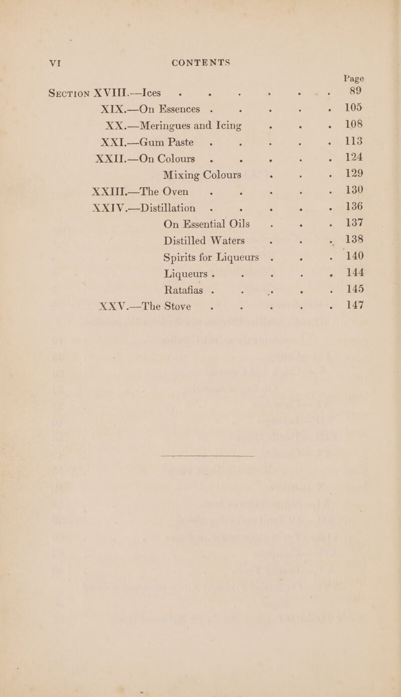 Section XVIII.—Ices . XIX.—On Essences XX.—Meringues and Icing XXI.—Gum Paste XXII.—On Colours . x Mixing Colours XXIII.—The Oven ‘ XXIV.—Distillation . On Essential Oils Distilled Waters Spirits for Liqueurs Liqueurs . Ratafias . XXV.—The Stove Page 89 105 108 113 124 129 130 136 137 138 144 145 147