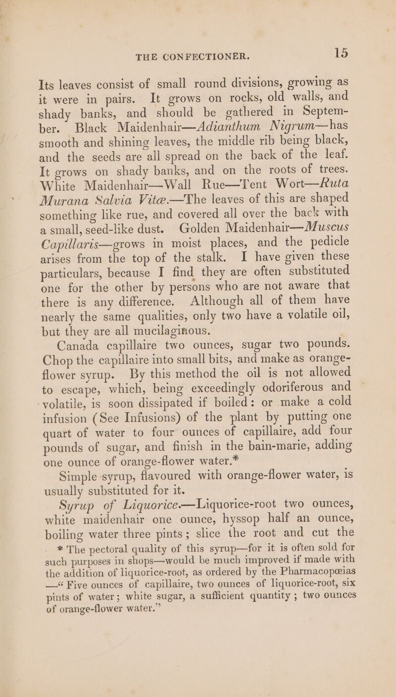 Its leaves consist of small round divisions, growing as it were in pairs. It grows on rocks, old walls, and shady banks, and should be gathered in Septem- ber. Black Maidenhair—Adianthum Nigrum—has smooth and shining leaves, the middle rib being black, and the seeds are all spread on the back of the leaf. It grows on shady banks, and on the roots of trees. White Maidenhair—Wal!l Rue—Tent Wort—futa Murana Salvia Vite.—The leaves of this are shaped something like rue, and covered all over the back with a small, seed-like dust. Golden Maidenhair—Muscus Capillaris—grows in moist places, and the pedicle arises from the top of the stalk. I have given these particulars, because I find they are often substituted one for the other by persons who are not aware that there is any difference. Although all of them have nearly the same qualities, only two have a volatile oil, but they are all mucilaginous, Canada capillaire two ounces, sugar two pounds. Chop the capillaire into small bits, and make as orange- flower syrup. By this methed the oil is not allowed to escape, which, being exceedingly odoriferous and. -yolatile, is soon dissipated if boiled: or make a cold infusion (See Infusions) of the plant by putting one quart of water to four ounces of capillaire, add four pounds of sugar, and finish in the bain-marie, adding one ounce of orange-flower water.* Simple syrup, flavoured with orange-flower water, is usually substituted for it. Syrup of Liquorice-—Liquorice-root two ounces, white maidenhair one ounce, hyssop half an ounce, boiling water three pints; slice the root and cut the * The pectoral quality of this syrap—for it is often sold for such purposes in shops—would be much improved if made with the addition of liquorice-root, as ordered by the Pharmacopeias —&lt; Five ounces of capillaire, two ounces of liquorice-root, six pints of water; white sugar, a sufficient quantity ; two ounces of orange-flower water.”