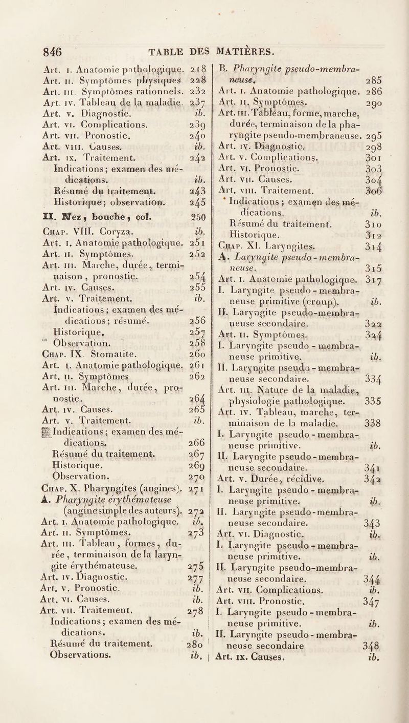 Al t. I. Anatomie patholo(^ique. Art. II. Symptômes pïiysiqwes Art. ni Symptômes rationnels. A.rt. IV. Tableau de la maladie. Art. V. Diagnostic. Art. VI. Complications. Art. VII. Pronostic. Art. VIII. Causes. Art. IX. Traitement. Indications; examen des mé- dications. Résumé du traitement. Historique; observation. II. STezy bouche y col. Ch AP. VIII. Cor yza. Art. I. Anatomie pathologique. Art. II. Symptômes. Art. III. Marche, durée, termi¬ naison , pronostic. Art. IV. Causes. Art. V. Traitement. indications ; examen des mé¬ dications; résumé. Historique, Ob servation. Chap. IX. Stomatite. Art. I. Anatomie pathologique. Art. II. Symptômes, Art. ni. Marche, durée, pro¬ nostic. Art. IV. Causes. Art. V. Traitement, pi Indications ; examen des mé¬ dications. Résumé du traitement. Histoi’ique. Observation. Chap. X. Pharyngites (angines). A. Pharyngite érythémateuse (anginesimple des auteurs). Art. i. Anatomie pathologique. Art. II. Symptômes. Art. III. Tableau, formes, du¬ rée , terminaison de la laryn¬ gite érythémateuse. Art. iv. Diagnostic. Art. V. Pronostic. Art. VI. Causes. Art. VII. Traitement. Indications; examen des mé¬ dications. Résumé du traitement. Observations. 2 18 22S 282 287 ib. 2.39 240 ib. 242 ib. 243 245 250 ib. 2.5 I 262 2.54 2 55 ib. 256 251 258 260 261 262 264 265 ib. 266 267 269 270 271 272 ib. 275 277 ib. ib. 278 ib. 280 ib. B. Pharyngite pseudo-membra¬ neuse, 285 Al t. I. Anatomie pathologique. 286 Art. II. Sy niptômes. 290 Art. III. Tabléau, forme, marche, durée, terminaison delà pha¬ ryngite pseudo-membraneuse. 295 Art. IV. Diagnostic. 298 Art. V. Complications. 3oi Art. VI. Pronostic. 3o3 Art. VII. Causes. 3o4 Art. viii. Traitement. 3o6 * Indications ; examen des mé¬ dications. ib. Résumé du traitement. 3io Historique. 3i2 CtiAP. XI. Laryngites. 3i4 A^. Laryngite pseudo-membra- i neuse. 3i5 j Art. I. Anatomie pathologique. 317 I. Laryngite pseudo - membra¬ neuse primitive (croup). ib. IL Laryngite pseudo-membra- ; neuse secondaire. 322 Art. II. Symptômes. 324 i I. Laryngite pseudo - membra¬ neuse primitive. ib. IL Laryngite pseudo - membra¬ neuse secondaire. 334 Art. Ht. Nature de la maladie, physiologie pathologique. 335 Ai;'t. IV. Tableau, marche, ter¬ minaison de la maladie. 338 I. Laryngite pseudo - membra¬ neuse primitive. ib. IL Laryngite pseudo-membra¬ neuse secondaire. 341 Art. V, Durée, récidive. 342 I. Laryngite pseudo - membra^ neuse primitive. ib. IL Laryngite pseudo-membra¬ neuse secondaire. 343 Art. VI. Diagnostic. ib. I. Laryngite pseudo - membra¬ neuse primitive. ib. i II. Laryngite pseudo-membra- I neuse secondaire. 344 ! Art. VII. Complications. ib. I Art. VIII. Pronostic. 347 I 1. Laryngite pseudo - membra- i neuse primitive. ib. IL Laryngite pseudo - membra¬ neuse secondaire 348 I Art. IX. Causes. ib.