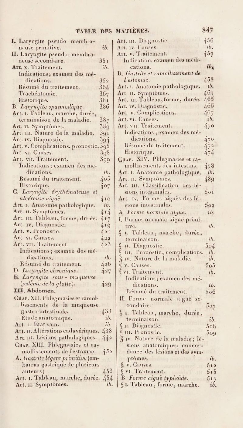 TABLE DES I, Laryngite pseudo membra- Art. ni. Diagnostic. 456 neuse primitive. ib. Art. IV. Causes. ib. IL Laryngite pseudo - membra- Art. V. Tiaitement. 457 neuse secondaire. 881 Indication; examen des médi¬ Art. X. Traitement. ib. cations. ih Indications; examen des mé- B. Gastrite et ramollissement de dications. 882 l’estomac. 00 (O Résumé du traitement. 364 Art. 1. Anatomie pathologique. ib. Trachéotomie. 867 Art 11. Symptômes. 461 Historique. 38i Art. ni. Tableau, forme, durée. 468 B. Laryngite spasmodique. 386 Art. 1. Tableau, marche, durée, terminaison de la maladie. 387 Art. II. Symptômes. 889 Art. III. Nature de la maladie. 891 Art. IV. Diagnostic. 894 Art. V. Complications, pronostic. 898 Art. VI. Causes. Art. vu. Traitement. Indications; examen des mé¬ dications. Résumé du traitement. Historique. C. Laryngite érythémateuse et ulcéreuse aiguë. Art. I. Anatomie pathologique. Art. II. Symptômes. Art. ni. Tableau, forme, durée. 4*7 398 399 ib. 4o5 407 410 ib. 414 Art. IV. Diagnostic Art. V. Pronostic. Art. VI. Causes. Art. VII. Tiaiteraent. Indications; examen des mé¬ dications. Résumé du traitement. D. Laryngite chronique. E. Laryngite sous - muqueuse {oedème de la glotte'). 111. Abdomen. CiiAp. XII. Phlegmasieset ramol¬ lissements de la muqueuse gastro-intestinale. Etude anatomique. Art. 1. Etat sain. Art. 11. Altérationscadavériques. 488 Art. III. Lésions pathologiques. 44^ Chap. Xlll. Plîlegmasies et ra¬ mollissements de l’estomac. A. Gastrite légère primitive (em¬ barras gastrique de plusieurs auteurs). 4^8 Art. i. Tableau, marche, durée. 4^4 Art. II. Symptômes. ib. 4*9 421 422 428 ib. 426 427 429 433 ib. ib. Alt. IV. Diagnostic. Art. V. Complications. 4^7 Art. VI. Causes. ib. Art. vu. Traitement. 47*^ Indications ; examen des mé¬ dications. 470 Résumé du traitement. 47^ Historique. 474 Ch.ap. XIV. Phlegmasies et ra¬ mollissements (les intestins. 47^ Art. I. Anatomie pathologique, ib. Art. 11. Symptômes. 4^9 Art. ni. Classification des lé¬ sions intestinales. 5oi Art. IV. Formes aigues des lé¬ sions intestinales. 5o2 A Forme normale aiguë. ib. I. Forme normale aiguë primi¬ tive. ib. § I. Tableau, marche, durée, terminaison. ib. § II. Diagnostic. 5o4 ^ ni. Pronoslic, complications, ib. § IV. Nature de la maladie. § V. Causes. ^ VI. Traitement. Indications; examen des mé¬ dications. Résumé du traitement. II. Forme normale aiguë se¬ condaire. ^ I. Tableau, marche, durée, terminaison. § !>• D iagnostic. ^ ni. Pronostic. § IV, Nature de la maladie; lé¬ sions anatomiques; concor¬ dance des lésions et des sym¬ ptômes. § V. Causes. § vî. Trai ternent. B Forme aiguë typhoïde. § I. Tableau , forme, marche. ib. 505 ib. ib. 506 807 ib. 508 509 ib. 5i2 5i5 817 ib.