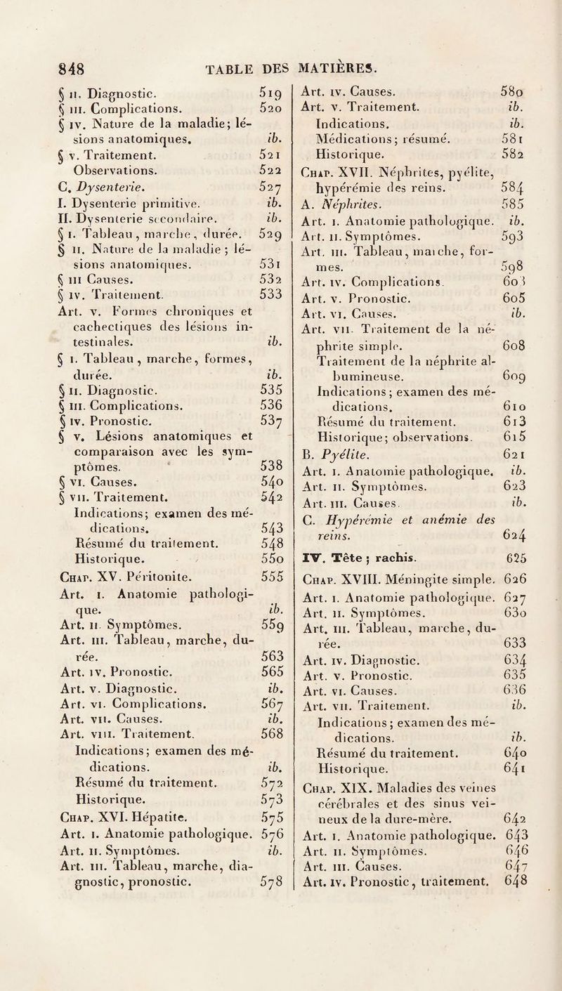 § iK Diagnostic. 519 § III. Complications. 620 § IV. Nature de la maladie; lé¬ sions anatomiques. ib. § V. Traitement. 521 Observations. 522 C. Dysenterie. 52y I. Dysenterie primitive. ib. II. D ysenterie stcorulaire. ib. 5 I. Tableau, marche, durée. 52g § II. Nature de la maladie ; lé¬ sions anatomicjues. 531 § III Causes. 532 § IV, Traitement. 533 Art. V. Formes chroniques et cachectiques des lésions in¬ testinales. ib. § 1. Tableau, marche, formes, durée. ib. § II. Diagnostic. 535 § III. Complications. 536 § IV. Pronostic. 53y § V, Lésions anatomiques et comparaison avec les sym¬ ptômes. 538 § VI. Causes. 54o § VII. Traitement. 542 Indications; examen des mé¬ dications. 543 Résumé du trailement. 548 Historique. 55o Chap. XV. Péritonite. 555 Art. I. Anatomie pathologi¬ que. ib. Art. Il Symptômes. 559 Art. III. Tableau, marche, du¬ rée. 563 Art. IV. Pronostic. 565 Art. V. Diagnostic. ib. Art. VI. Complications. 567 Art. VII. Causes. ib. Art. Vin. Traitement. 568 Indications; examen des mé¬ dications. ib. Résumé du traitement. 572 Historique. Chap. XVI. Hépatite, Art. I. Anatomie pathologique. 5']Q Art. II. Symptômes. ib. Art. III. Tableau, marche, dia¬ gnostic, pronostic. 578 Art. IV. Causes. 58o Art. V. Traitement. ib. Indications, ib. Médications; résumé. 581 Historique. 582 Chap. XVII. Néphrites, pyélite, hypérémie des reins. 584 A. Néphrites. 585 Art. I. Anatomie pathologique, ib. Ai t. II. Symptômes. ôgd Art. III. Tableau, mai elle, for¬ mes. 598 Art. IV. Complications. 60 Art. V. Pronostic. 6o5 Art. VI. Causes. ib. Art. VII. Traitement de la né¬ phrite simple. 608 Traitement de la néphrite al¬ bumineuse. Indications; examen des mé¬ dications. 610 Résumé du traitement. 613 Historique; observations. 615 B. Pyélite. 621 Art. I. Anatomie pathologique. ib. Art. II. Symptômes. 628 Art. III. Causes. ib. C. Hypérémie et anémie des reins. 624 IV. Tête ; rachis. 625 Chap. XVIII. Méningite simple, 626 Art. I. Anatomie pathologique. 627 Art. II. Symptômes. 63o Art. ni. Tableau, marche, du¬ rée. 633 Art. IV. Diagnostic, 634 Art. V. Pronostic. 635 Art, VI. Causes. 636 Art. VII, Traitement. ib. Indications ; examen des mé¬ dications. ib. Résumé du traitement. 64o Historique. 641 Chap, XIX. Maladies des veines cérébrales et des sinus vei¬ neux de la dure-mère, 642 Art. I. Anatomie pathologique. 643 Art. II. Sympiômes. 646 Art. III. Causes. 64? Art. IV. Pronostic, traitement. 648