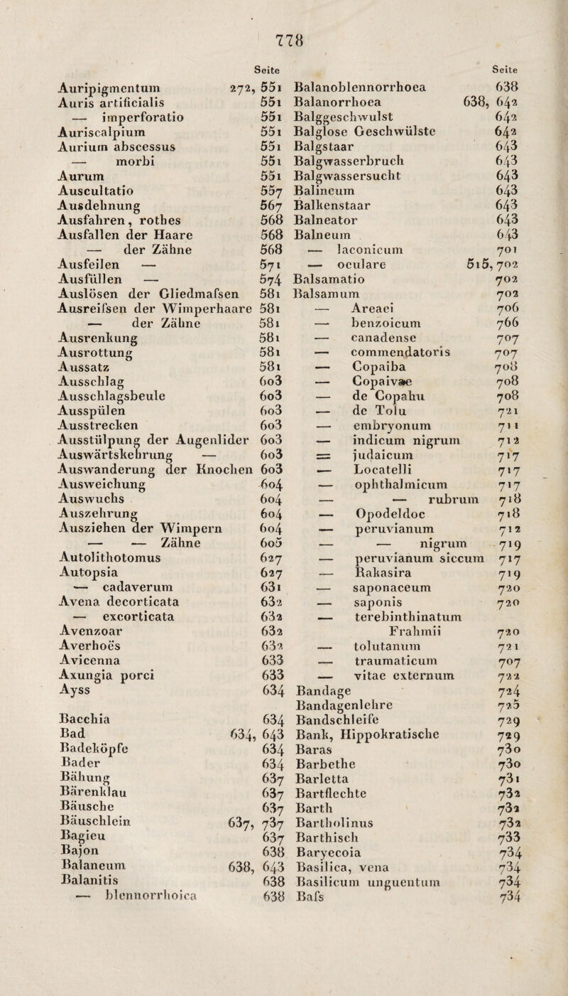 Seite Auripigmentum 272, 551 Auris artificialis 551 — irnperforatio 55i Auriscalpium 551 Auriutn abscessus 551 morbi 551 Aurum 551 Auscultatio 55y Ausdehnung 567 Ausfahren, rothes 568 Ausfallen der Haare 568 — der Zähne 568 Ausfeilen -— 571 Ausfallen — 574 Auslösen der Gliedmafsen 58i Ausreifsen der Wimperhaare 58i —• der Zähne 581 Ausrenkung 581 Ausrottung 58i Aussatz 58 t Ausschlag 6o3 Ausschlagsbeule 6o3 Ausspülen 6o3 Ausstrecken 6o3 Ausstülpung der Augenlider 6o3 Auswärtskehrung — 6o3 Auswanderung der Knochen 6o3 Ausweichung 4o4 Auswuchs 604 Auszehrung 604 Ausziehen der Wimpern 6o4 — — Zähne 6o5 Autolithotomus 627 Autopsia 627 — cadaverum 631 Avena decorticata 632 — excorticata 632 Avenzoar 632 Averhoes 632 Avicenna 633 Axungia porci 633 Ayss 634 Bacchia 634 Bad 634, 643 Badeköpfe 634 Bader 634 Bähung 637 Bärenklau 637 Bäusche 637 Bäuschlein 637, 737 Bagieu 637 Bajon 638 Balaneum 638, 643 Balanitis 638 —- blennorrhoica 638 Balanoblennorrhoea Seite 638 Balanorrhoea 638, 642 Balggeschwulst 642 Balglose Geschwülste 642 Balgs taar 643 Balgwasserbruch 643 Balgwassersucht 643 Balineum 643 Balkenstaar 643 Balneator 643 Balneum 643 — laconicum 701 — oculare 5t5 ,702 Balsamat io 702 Baisamum 702 — Areaei 706 — benzoicum 766 — canadense 7°7 — eommendatoris 7°7 — Copaiba 708 — Copaiv»e 708 de Copahu — de Toiu 708 721 — embryonum 711 — indicum nigrum 712 = iudaicum 717 — Locatelli 717 — ophthalmicum 717 — — rubrum 718 — Opodeldoc 718 ■— peruvianum 712 — — nigrum 7l9 peruvianum siccum 717 — Rakasira 719 — saponaceum 720 — saponis 720 — terebinthinatum Frahmii 720 — tolutanum 721 —- traumaticum 7°7 — vitae cxternum 722 Bandage 724 Bandagenlehre 725 Bandschleife 729 Bank, Hippokratische 729 Baras 73o Barbe the 73o Barletta 73 t Bartflechte 732 Barth 73i Bartholinus 732 Barthisch 733 Baryecoia 734 Basilica, vena 734 Basilicum unguentum 734 Bafs 734