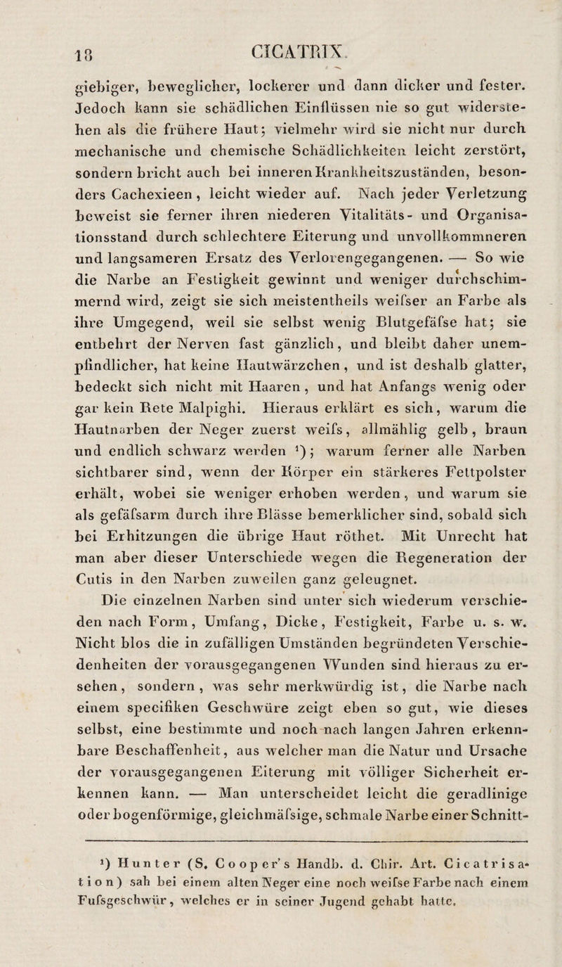 1 u giebiger, beweglicher, lockerer und dann dicker und fester. Jedoch kann sie schädlichen Einllüssen nie so gut widerste¬ hen als die frühere Haut; vielmehr wird sie nicht nur durch mechanische und chemische Schädlichkeiten leicht zerstört, sondern bricht auch bei inneren Krankheitszuständen, beson¬ ders Cachexieen , leicht wieder auf. Nach jeder Verletzung beweist sie ferner ihren niederen Vitalitäts- und Organisa¬ tionsstand durch schlechtere Eiterung und unvollkommneren und langsameren Ersatz des Verlorengegangenen. — So wie die Narbe an Festigkeit gewinnt und weniger durchschim¬ mernd wird, zeigt sie sich meistentheils weifser an Farbe als ihre Umgegend, weil sie selbst wenig Blutgefäfse hat; sie entbehrt der Nerven fast gänzlich, und bleibt daher unem¬ pfindlicher, hat keine Hautwärzchen , und ist deshalb glatter, bedeckt sich nicht mit Haaren , und hat Anfangs wrenig oder gar kein Rete Malpighi. Hieraus erklärt es sich, warum die Hautnarben der Neger zuerst weifs, allmählig gelb, braun und endlich schwarz werden 4); warum ferner alle Narben sichtbarer sind, wenn der Körper ein stärkeres Fettpolster erhält, wobei sie weniger erhoben werden, und warum sie als gefäfsarm durch ihre Blässe bemerklicher sind, sobald sich bei Erhitzungen die übrige Haut röthet. Mit Unrecht hat man aber dieser Unterschiede wegen die Regeneration der Cutis in den Narben zuweilen ganz geleugnet. Die einzelnen Narben sind unter sich wiederum verschie¬ den nach Form, Umfang, Dicke, Festigkeit, Farbe u. s. w. Nicht blos die in zufälligen Umständen begründeten Verschie¬ denheiten der vorausgegangenen Wunden sind hieraus zu er¬ sehen , sondern , was sehr merkwürdig ist, die Narbe nach einem specifiken Geschwüre zeigt eben so gut, wie dieses selbst, eine bestimmte und noch nach langen Jahren erkenn¬ bare Beschaffenheit, aus welcher man die Natur und Ursache der vorausgegangenen Eiterung mit völliger Sicherheit er¬ kennen kann. — Man unterscheidet leicht die geradlinige oder bogenförmige, gleichmäfsige, schmale Narbe einer Schnitt- *) Hunter (S* Cooper’s Handb. d. Chir. Art. Cicatrisa« tion) sah bei einem alten Neger eine noch weifse Farbe nach einem Fufsgeschwür, welches er in seiner Jugend gehabt hatte.