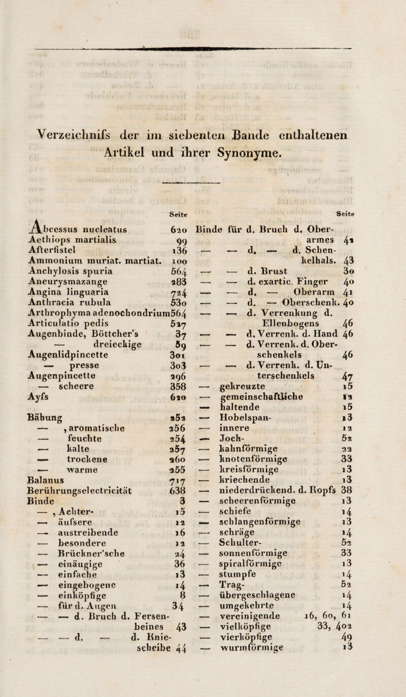 Verzeichnis der im siebenten Bande enthaltenen Artikel und ihrer Synonyme. Seit« _A_bcessus nucleatus 620 Aethiops martialis 99 Afterfistel i36 Ammonium muriat. martiat. 100 Anchylosis spuria Ö64 Aneurysmazange a83 Angina linguaria 724 Anthracia rubula 53o Arthrophyma adenochondrium564 Articulatio pedis 517 Augenbinde, Böttcher's 37 — dreieckige 59 Augenlidpincette 3oi — presse 3o3 Augenpincette 296 — scheere 358 Ayfs 620 Bähung a5a — , aromatische 206 — feuchte 254 i—• kalte 2Ö7 — trockene 960 —- warme 255 Baianus 7*7 Berührungselectricität 638 Binde 3 — , Achter* 15 — äufsere 12 —- austreibende 16 — besondere 12 — Brückner’sehe 24 —- einäugige 36 — einfache i3 — eingebogene »4 -— einköpfige 8 —- für d. Augen 34 — — d. Bruch d. Fersen - beines 43 .— — d. — d. Knie¬ scheibe 44 Seite Binde für d. Bruch d, Ober¬ armes 4« d, — d. Schen¬ kelhals. 43 .— — d. Brust 3o — — d. exartic, Finger 40 — — d. — Oberarm 4* —- — d. — Oberschenk. Lo — — d. Verrenkung d. Ellenbogens 46 — d. Verrenk, d. Hand 46 .— — d. Verrenk, d. Ober¬ schenkels 46 — — d. Verrenk, d. Un¬ terschenkels 47 ■— gekreuzte i5 •— gemeinschaftliche fa — haltende i5 — Hobelspan¬ i3 — innere 12 —« Jocli- Ö2 — kahnförmige 22 — knotenförmige 33 — kreisförmige i3 ■— kriechende i3 — niederdrückend, d. Kopfs 38 — scheerenförmige i3 — schiefe »4 — schlangenförmige i3 —. schräge >4 — Scliulter- Ö2 — sonnenförmige 33 — spiralförmige i3 — stumpfe 4 — Trag¬ Ö2 — übergeschlagene 4 — umgekehrte 4 — vereinigende 16, 60, 61 — vielköpfige 33, L [02 — vierköpfige 49 — wurmformige i3
