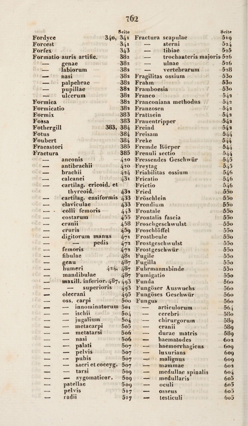 162 Fordyce 3/to, Seite 34l Fractura scapulae Seite 5iq Forcest 34l — sterni 524 Forfex 343 — tibiae 525 Formatio auris artific. 382 «— trochanteris maioris 526 — genae 382 ulnae 526 — labiorum 382 — vertebrarum 528 — nasi 382 Fragilitas ossium 53o ■ ■■■ «i palpebrae 382 Frahm 53o — pupillae 382 Framboesia 53o — ulcerum 382 Franco 542 Formica 382 Franconiana inetbodus 542 Formicatio 382 Franzosen 542 Formix 383 Frattsein 54*2 Fossa 383 Frauentripper 542 Fotliergill 383, 384 Freind 542 Fötus 384 Freisam 544 Foubert 384 Freke 544 Fracastori 385 Fremde Körper 544 Fractura 385 Frenuli sectio 544 -- anconis 420 Fressendes Geschwür 545 antibrachii 420 Freytag 545 — brachii 4*4 Friabilitas ossium 546 calcanei 43i Fricatio 546 cartilag. cricoid. et Frictio 546 ■ i' •• thyreoid. 43* Fried 55o — cartilag. ensiformis 433 Fröschlein 55o .— claviculae 433 Frondium 55o .—> - colli femoris 443 Frontale 55o — costarum 455 Frontalis fascia 55o — crauii 458 Frosch gesch wulst FroschlöfFel 55o — cruris 459 55o •— digitorum manus 47l Frostbeule 55o — — pedis 472 Frostgeschwulst 55o — femoris 472 Frostgeschwür 55o — fibulae 48t Fugile 55o —- gemu 487 Fugilla 55o — humen 4‘24-5 487 Fuhrmannsbinde 55o — mandibulae 487 Fumigatio 55o —. maxill. inferior. 4871 4-q3 Fun da 5 60 — — superioris 493 Fungöser Auswuchs 56o — olecrani 495 Fungöses Geschwür 56o — oss. carpi 5oo Fungus 56o — — mnominatorum >301 — artsculoruni 564 — — iscliii 5o4 cerebri 58o — — jugalium 5o4 — ch i rurgor um 589 — — metacarpi 5o5 — cranii 589 -—• — metatarsi 5o6 —• durae matris 589 ■— —- nasi 5 06 —- haematodes 602 —■ — palati 507 — haemorrhagicus 609 — — pelvis 507 — luxurians 609 — — pubis 507 -rr malignus 609 — — sacri et coccyg. 5oj — mammae 602 — — tarsi 509 — medullae spiijalis 604 — — zygomaticor. 509 — medullaris 6o5 — patellae 509 — oculi 60 5 — pelvis 517 — osseus 6o5 — radii Biy — tes ticul i 6o5