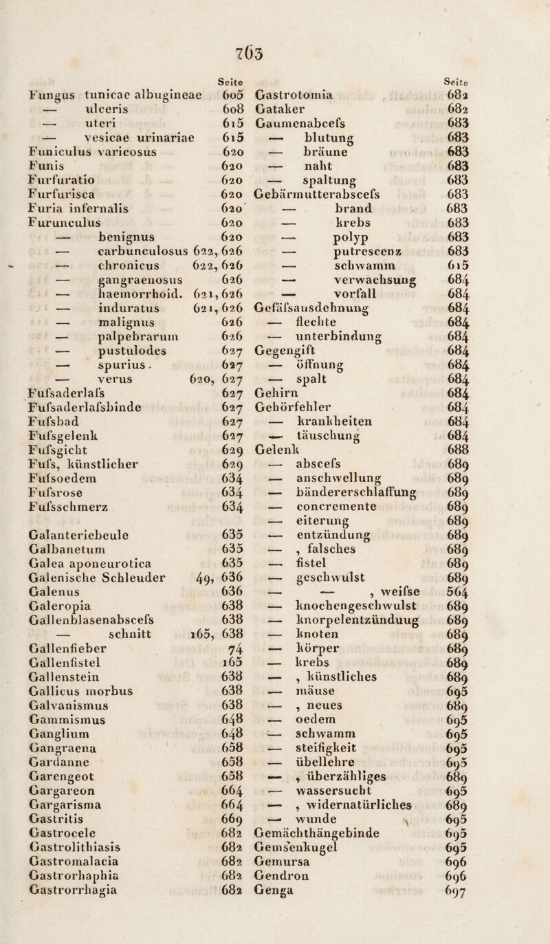 Seite Fungus tunicae albugineae 6o5 — ulceris 608 — uteri 6i5 — vesicae urinariae 6i5 Funiculus varicosus 620 Funis 620 Furfuratio 620 Furfurisca 620 Furia infernalis 620 Furunculus 620 —• benignus 620 — carbuneulosus 622, 626 — chronicus 622, 626 — gangraenosus 626 — haemorrhoid. 621,626 — induratus 621, 626 — malignus 626 — palpebrarum 626 — pustulodes 627 — spurius - 627 — verus 620, 627 Fufsaderlafs 627 Fufsaderlafsbinde 627 Fufsbad 627 Fufsgelenk 627 Fufsgicht 629 Fufs, künstlicher Fufsoedem 629 634 Fufsrose 634 Fufsschmerz 634 Galanteriebeule 635 Galbane tum 635 Galea aponeurotica 635 Galenische Schleuder 49, 636 Galenus 636 Galeropia 638 Gallenblasenabscefs 638 — schnitt i65, 638 Gallenfieber 74 Gallenfistel i65 Gallenstein 638 Gallicus morbus 638 Galvanismus 638 Gammismus 648 Ganglium 648 Gangraena 658 Gardanne 658 Garengeot 658 Gargareon 664 Gargarisma 664 Gastritis 669 Gastrocele 682 Gastrolithiasis 682 Gastromalacia 682 Gastrorhaphia 682 Gastrorrhagia 682 Gastrotomia Seite 682 Gataker 682 Gaumenabcefs 683 — blutung 683 — bräune 683 — naht 683 — Spaltung 683 Gebärmutterabscefs 683 — brand 683 — krebs 683 — Polyp 683 — putrescenz 683 — schwamm 6i5 — Verwachsung 684 — Vorfall 684 Gefäfsausdehnung 684 — flechte 684 — Unterbindung 684 Gegengift 684 — Öffnung 684 — spalt 684 Gehirn 684 Gehörfehler 684 -— krank h eiten 684 — täuschung 684 Gelenk 688 — abscefs 689 — anschwellung 689 — bändererschlafFung 689 — concremente 689 — eiterung 689 — entzündung 689 -— , falsches 689 — fistel 689 — geschwulst 689 — — , weifse 564 — knoehengeschwulst 689 — knorpelentzünduug 689 — knoten 689 — körper 689 — krebs 689 — , künstliches 689 — mäuse 695 — , neues 689 — oedem 695 — schwamm 695 — Steifigkeit 695 — übellehre 695 — , überzähliges 689 — Wassersucht 695 — , widernatürliches 689 —• wunde 695 Gemächthängebinde 695 Gems'enkugel 695 Gemursa 696 Gendron 696 Genga *>97