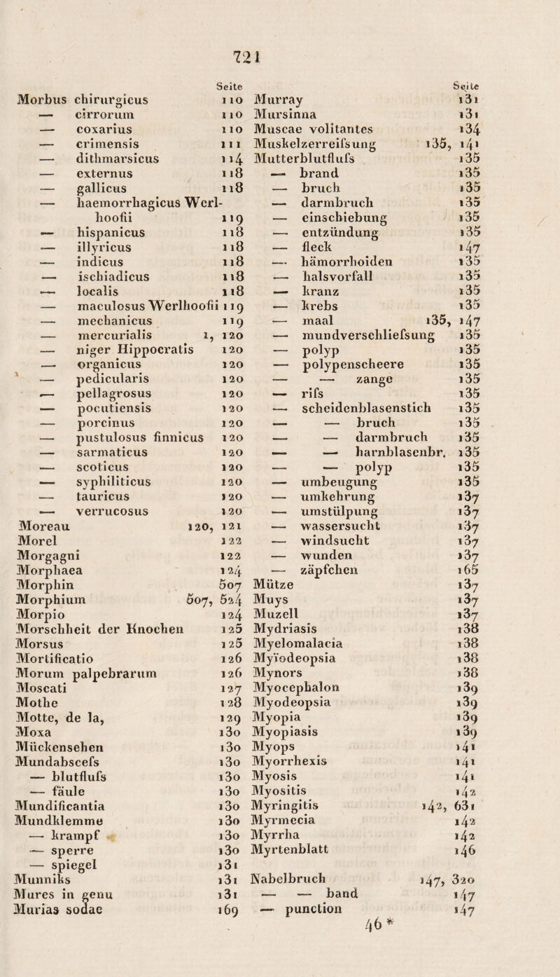 Seite Seile Morbus chirurgicus 1 lO Murray i3i — cirrorum 1 10 Mursinna i3i —■ coxarius 110 Muscae volitantes 134 — crimensis 1 1 1 Musheizerreifs ung i35, »4» — dithmarsicus 1 14 Mutter blutflufs i35 — externus 118 •— brand i35 — gallicus 118 — bruch i35 — haemorrhagicus Werl- — darmbruch i3» hoofii 119 — einscbiebung i35 — hispanlcus 118 — entzündung i35 — illyricus 118 — flech »47 — indicus 118 — hämorrhoiden i35 ischiadicus 118 •— halsvorfall i35 localis 118 — hranz i35 — maculosus Werlhoofi i 110 — hrebs i35 — mechanicus 119 ■—• maal i35. »47 — mercurialis 1, 120 — mundverschliefsung i35 — niger Hippocratls 120 — polyp i35 — organicus 120 — polypenscheere i35 > pedicularis 120 — —■ Zange i35 pellagrosus 120 — rifs i35 — pocutiensis 120 — scheldenblasenstich i35 — porcinus 120 — — bruch i35 — pustulosus finnicus 120 — — darmbruch i35 — sarmaticus 120 —• — harnblasenbr. i35 >— scoticus 120 „ — polyp i35 — syphiliticus 120 — umbeugung i35 >— tauricus 120 — umhehrung 137 — verrucosus j 20 — Umstülpung 137 Moreau 120, 121 — Wassersucht 187 Morel 1 23 — windsucht 187 Morgagni 123 — wunden 187 Morphaea 1 24 — Zäpfchen i65 Morphin 507 Mütze 187 Morphium Ö07, 524 Muys idj Morpio 124 Muzell 187 Morschheit der Knochen 120 Mydriasis 188 Morsus 1 25 Myelomalacia i38 Mortificatio 126 Myiodeopsia i38 Morum palpebrarum 1 26 Mynors j38 Moscati 137 Myocephalon 189 Mothe 1 28 Myodeopsia 189 Motte, de la, 1 29 Myopia 189 Moxa i3o Myopiasis 189 Müchensehen i3o Myops i4» Mundabscefs i3o Myorrhexls »4» — blutflufs i3o Myosis »4» — faule i3o Myositis 143 Mundificantia Mundklemmü — Itrampf — sperre — Spiegel Munnilis Mures in genu Marias sodae i3o Myringitis i3o Myrmecia i3o Myrriia 130 Myrtenblatt 131 i3i Nabelbriich i3i — — band 169 — punction 142, 63i 142 143 146 46 j47) 320 1/(7 147