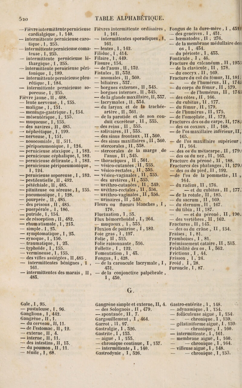 520 — Fièvre intermittente pernicieuse cardialgique , 1, 140. — intermittente pernicieuse caro- tique , 1, 255. — intermittente pernicieuse coma¬ teuse , I, 255. — intermittente pernicieuse lé¬ thargique , 1,255. — intermittente pernicieuse péri- tonique, 1,189. — intermittente pernicieuse pleu¬ rétique , 1, 184. — intermittente pernicieuse so¬ poreuse, 1,255. Fièvre jaune , Il, 488. — lente nerveuse , 1, 155. — maligne , 1, 151. — meningo-gastrique. 1,154. —• mésentérique, 1, 155. muqueuse, 1,155. — des navires , II, 485. — néphrétique , 1,199. — nerveuse, 1,151. — nosocomiale , II, 511. — péripneumonique, I, 124. — pernicieuse ataxique , 1,182. — pernicieuse céphalique, I, 182. — pernicieuse délirante , 1 ,182. —- pernicieuse péripneumonique , 1,124. — pernicieuse soporeuse , 1,182. — pestilentielle, II, 492. — pétéchiale, II, 485. •— pituiteuse ou séreuse , 1, 155. — pneumonique, I , 128. — pourprée , II, 485. — des prisons , II , 485. puerpérale , 1, 186. — putride, I, 154. —- de résorption , II, 482. rhumatismale , 1,213. — simple, 1,23. symptomatique ,1,23. — synoque, 1, 150. — traumatique, I, 23. — typhoïde , 1, 155. — vermineuse ,1,155. — des villes assiégées , II ,485 . — intermittentes bénignes , I , 161. — intermittentes des marais , II, 485. Gale, 1,95. — pustuleuse, 1,96. Ganglions , 1,442. Gangrène , II, 1. — du cerveau, II, 11. — de l’estomac, II, 12. — externe, II, 4. —- interne, II, 11. — des intestins, II, 13. — du poumon , II, 11. — sénile, I, 68. TABLE ALPHABÉTIQUE. Fièvres intermittente ordinaires , I, 161. — intermittentes sporadiques, T, 161. — lentes , 1, 142. Filiduc, 1,414. Filaire, 1,449. Fissure, 154. — de l’anus , II, 132. Fistules , II, 552. — anomales , II, 360. — biliaires , 337. — borgnes externes, II, 545. — borgnes internes , II, 345. — de la glande maxillaire, II, 357. — lacrymales , II, 334. — du larynx et de la trachée- artère , II, 361. — de la parotide et de son con¬ duit excréteur , II , 335. — des reins , II, 355. — salivaires, II, 535. — des sinus frontaux , II, 360. — des sinus maxillaires , II, 360. — slercorales , II, 358. — slercorales de la marge de l’anus, II, 345. — thoraciques , II, 561. — vésico-cutanées , II, 355. — vésico-rectales , II, 355^ — vésico-vaginales , II, 355. — des uretères , 11 , 355. — uréthro-cutanées , II, 549. — uréthro-rectales , II, 556. — uréthro-vaginales , II, 356. — urinaires , Il, 549. Fleurs ou iïueurs blanches, I, 170. Fluctuation , 1, 55. Flux hémorrhoïdal, 1,264. — muqueux , 1, 535. Fluxion de poitrine , 1,182. Foie gras , 1, 197. Folie , II, 315. Folie raisonnante , 316. Follette , 1, 122. Fomentation , 1,45. Fongus, 1,428. — de la caroncule lacrymale , I, 431. — de la conjonctive palpébrale , 1, 430. Gangrène simple et externe, II, 4. — des Solognois , II, 479. — spontanée,II, 7. Gargouillement, I , 464. Garrot , II, 97. Gastralgie, I , 326. Gastrite , I , 135. — aiguë , I , 135. — chronique continue, 1,137. — intermittente, 1,140. Gastrodynie , 1,326. Fongus de la dure-mère , I , 43f, — des gencives, 1,451. — hœmatodes , II , 276. — de la membrane médullaire des os , 1, 454. — du périoste , 1,435. Fonticule , I , 46. Fracture du calcanéum , II, 195 — de la clavicule , II , 178. — du coccyx . II, 169. Fracture du col du fémur, II, 181. — — de l’humérus, II, 174.* — du corps du fémur, II , 179. — —de l’humérus, II, 1741 — des côtes, II, 166. — du cubitus, Il, 177. — du fémur, II, 179. — de l’humérus , II, 175. — de l’omoplate, II, 172. Fractures des os du carpe, II, 178i — des os coxaux , II, 168. — de l’os maxillaire inférieur, II, 165. — de l’os maxillaire supérieur. II, 164. — des os du métacarpe, II, 179 J — des os du nez , II, 163. Fracture du péroné , II , 188. Fractures des phalanges , II, 179.‘ — des os du pied, II, 192. —de l’os de la pommette, II , 164. — du radius, II, 176. — — et du cubitus , II , 177. — de la rotule, II, 185. — du sacrum , II, 169. — du sternum, Il, 167. — du tibia, II, 187. — — et du péroné , II, 190. — des vertèbres , II, 162. Fractures , II, 143. — des os du crâne , II, 154. Fraises , 1,81. Framboises, I , 81. Frémissement cataire, II, 315. Friabilité des os, 1 , 362. Frictions , I , 44. Frisson, 1,24. Froid , 1,28. Furoncle, 1, 87. Gastro-entérite , 1, 148. — adynamique , I , 154. — folliculeuse aiguë , I, 154. — — chronique , I , 159. — gélatiniformeaiguë, 1, 159: — — chronique , 1, 160. — intermittente , 1, 161. — membrane aiguë, I, 160. — — chronique , 1,164. — villeuse aiguë, 1, 148. -- chronique , T, 153.