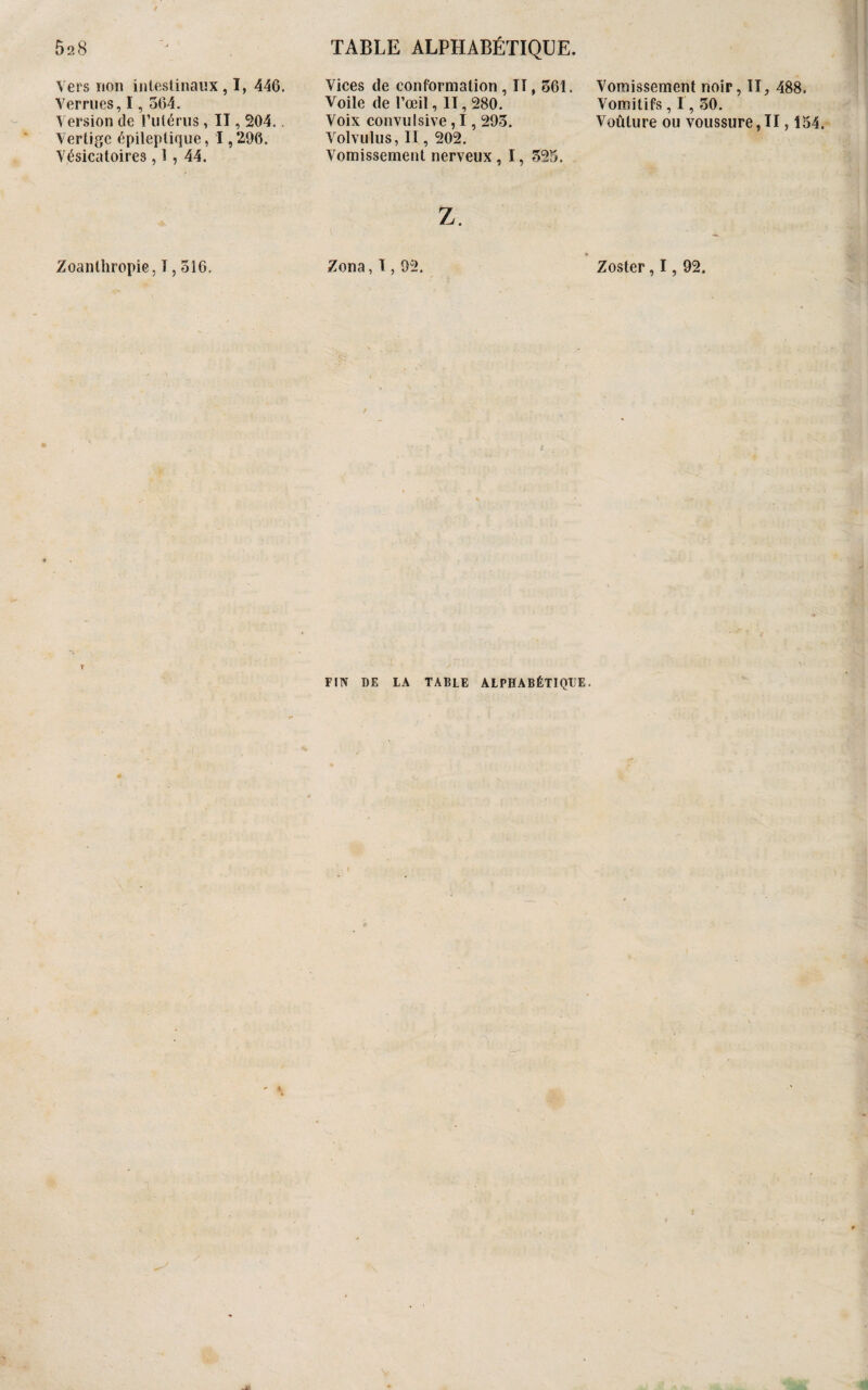 Vers non intestinaux, I, 446. Verrues, 1,564. Version de l’utérus , II, 204.. Vertige épileptique, 1,296. Vésicatoires , 1 , 44. Vices de conformation, IT, 561. Vomissement noir, II Voile de l’œil, II, 280. Vomitifs, I , 50. Voix convulsive, 1,295. Voûlure ou voussure, Volvulus, II, 202. Vomissement nerveux , 1, 525. Zoanlhropie, î, 516. Zona, 1,92. Zoster, 1, 92. ? , 488. 11,154. FIN DE IA TABLE ALPHABÉTIQUE.