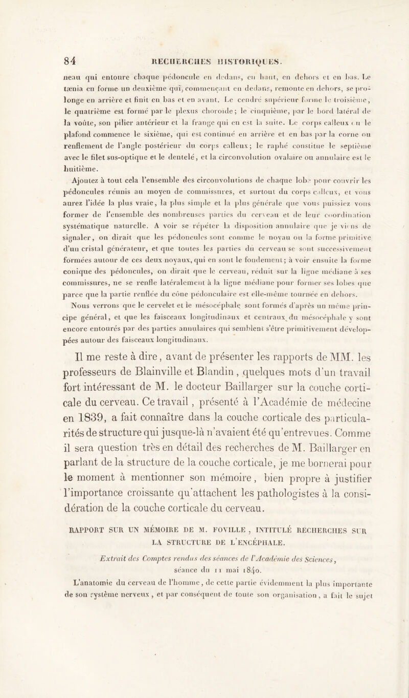 neau qui entoure chaque pédoncule en dedans, en haut, en dehors et en lias. Ce taenia en forme un deuxième qui', commençant en dedans, remonte en dehors, se pro- longe en arrière et finit en bas et en avant. Le cendré supérieur forme le troisième, le quatrième est formé par le plexus choroïde; le cinquième, par le bord latéral de la voûte, son pilier antérieur et la frange qui en est la suite. Le corps calleux c u le plafond commence le sixième, qui est continué en arrière et en bas par la corne ou renflement de l’angle postérieur du corps calleux; le raphé constitue le septième avec le filet sus-optique et le dentelé, et la circonvolution ovalaire ou annulaire est le huitième. Ajoutez à tout cela l’ensemble des circonvolutions de chaque loba pour couvrir les pédoncules réunis au moyen de commissures, et surtout du corps calleux, et vous aurez l’idée la plus vraie, la plus simple et la plus générale que vous puissiez vous former de l'ensemble des nombreuses parties du cerveau et de leur coordination systématique naturelle. A voir se répéter la disposition annulaire que je vii ns de signaler, on dirait que les pédoncules sont comme le noyau ou la forme primitive d’un cristal générateur, et que toutes les parties du cerveau se sont successivement formées autour de ces deux noyaux, cpii en sont le fondement; à voir ensuite la forme conique des pédoncules, on dirait que le cerveau, réduit sur la ligne médiane à ses commissures, ne se renfle latéralement à la ligne médiane pour former ses lobes que parce que la partie renflée du cône pédonculaire est elle-même tournée en dehors. Nous verrons que le cervelet et le mésocéphalç sont formés d’après un même prin- cipe général, et que les faisceaux longitudinaux et centraux du mésocéphale y sont encore entourés par des parties annulaires qui semblent s’être primitivement dévelop- pées autour des faisceaux longitudinaux. Il me reste à dire, avant de présenter les rapports de MM. les professeurs de Blainville et Blandin , quelques mots d’un travail fort intéressant de M. le docteur Baillarger sur la couche corti- cale du cerveau. Ce travail, présenté à l’Académie de médecine en 1839, a fait connaître dans la couche corticale des particula- rités de structure qui jusque-là n’avaient été qu’entrevues. Comme il sera question très en détail des recherches de M. Baillarger en parlant de la structure de la couche corticale, je me bornerai pour le moment à mentionner son mémoire, bien propre à justifier l’importance croissante qu’attachent les pathologistes à la consi- dération de la couche corticale du cerveau. RAPPORT SUR UN MEMOIRE DE M. FOVILLE , INTITULÉ RECHERCHES SUR LA STRUCTURE DE L’ENCÉPHALE. Extrait clcs Comptes rendus des séances de l’Académie des Sciences, séance du 11 mai 18/j_o. L’anatomie du cerveau de l’homme, de celte partie évidemment la plus importante de son rystème nerveux , et par conséquent de toute son organisation, a fait le sujet