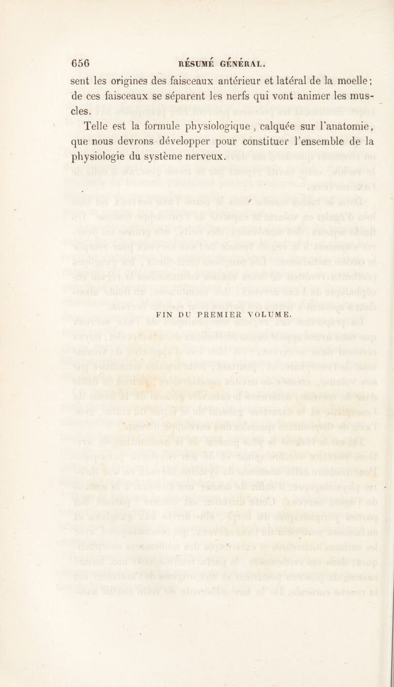 sent les origines des faisceaux antérieur et latéral de la moelle ; de ces faisceaux se séparent les nerfs qui vont animer les mus- cles. Telle est la formule physiologique, calquée sur l’anatomie, que nous devrons développer pour constituer l’ensemble de la physiologie du système nerveux. FIN DU PREMIER VOLUME.