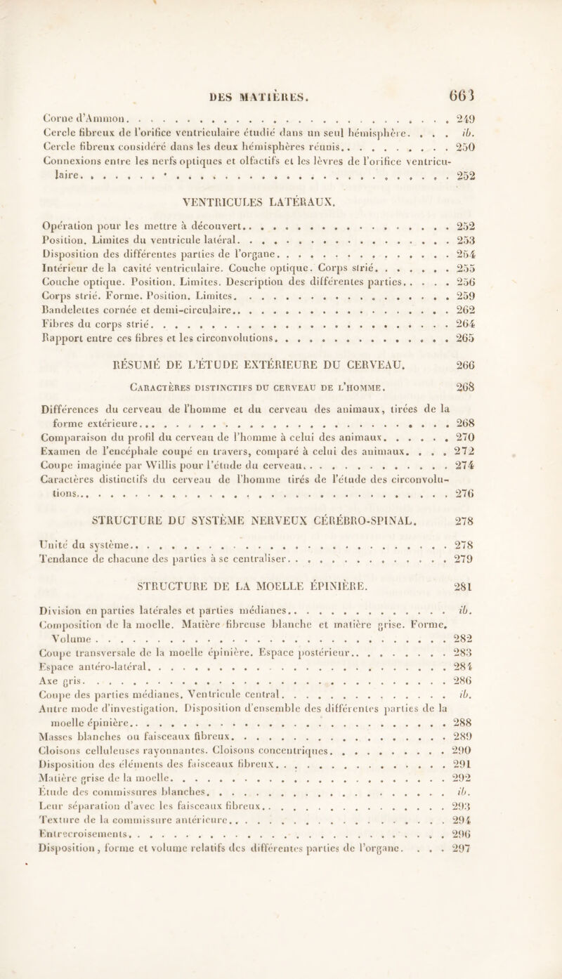 Corne d’Ammon 249 Cercle fibreux de l’orifice ventriculaire étudié dans un seul hémisphère. . . . ib. Cercle fibreux considéré dans les deux hémisphères réunis 250 Connexions entre les nerfs optiques et olfactifs et les lèvres de l’orifice venlricu- la ire ’ 252 VENTRICULES LATÉRAUX. Opération pour les mettre à découvert Position. Limites du ventricule latéral . Disposition des différentes parties de l’organe . . . Intérieur de la cavité ventriculaire. Couche optique. Corps strié. . . . Couche optique. Position. Limites. Description des différentes parties. . Corps strié. Forme. Position. Limites. . . . . Bandelettes cornée et demi-circulaire Fibres du corps strié Rapport entre ces fibres et les circonvolutions 252 253 254 . 256 . 259 . 262 . 264 , 265 RÉSUMÉ DE L’ÉTUDE EXTÉRIEURE DU CERVEAU. 266 Caractères distinctifs du cerveau de l’homme. 268 Différences du cerveau de l’homme et du cerveau des animaux, tirées de la forme extérieure 268 Comparaison du profil du cerveau de l’homme à celui des animaux 270 Examen de l’encéphale coupé en travers, comparé à celui des animaux. . . . 272 Coupe imaginée par Willis pour l’étude du cerveau. 274 Caractères distinctifs du cerveau de l’homme tirés de l’étude des circonvolu- tions 276 STRUCTURE DU SYSTÈME NERVEUX CÉRÉBRO-SPINAL. 278 Unité du système . 278 Tendance de chacune des parties à se centraliser 279 STRUCTURE DE LA MOELLE ÉPINIÈRE. 281 Division en parties latérales et parties médianes ib. Composition de la moelle. Matière fibreuse blanche et matière grise. Forme. Volume 282 Coupe transversale de la moelle épinière. Espace postérieur 283 Espace antéro-latéral 28i Axe gris 286 Coupe des parties médianes. Ventricule central ib. Autre mode d’investigation. Disposition d’ensemble des différentes parties de la moelle épinière 288 Masses blanches ou faisceaux fibreux 289 Cloisons celluleuses rayonnantes. Cloisons concentriques 290 Disposition des éléments des faisceaux fibreux 291 Matière grise de la moelle 292 Etude des commissures blanches ib. Leur séparation d’avec les faisceaux fibreux 293 Texture de la commissure antérieure 294 Entrecroisements . 296 Disposition, forme et volume relatifs des différentes parties de l’organe. . . . 297