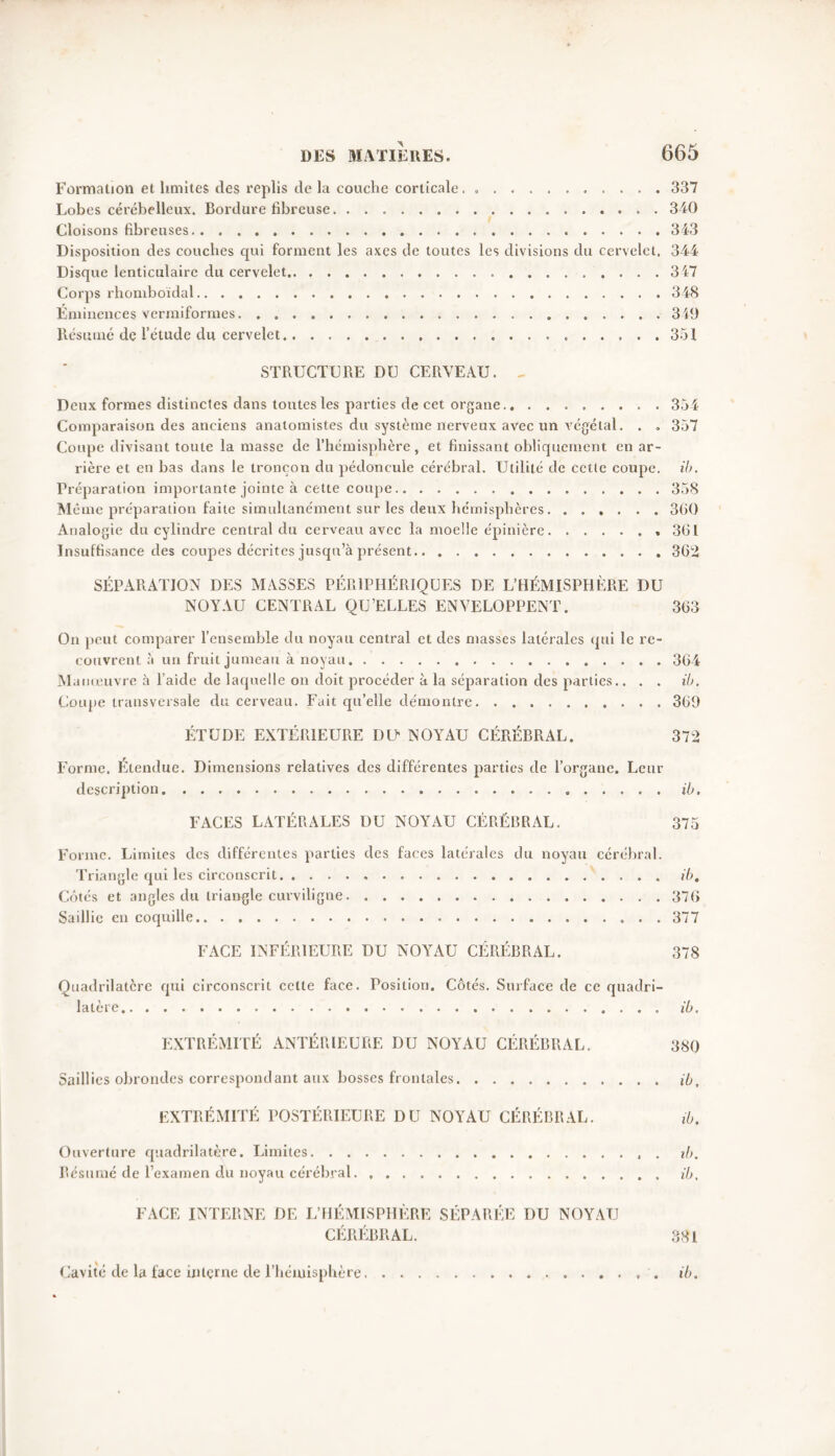 Formation et limites des replis de la couche corticale. » 337 Lobes cérébelleux. Bordure fibreuse 340 Cloisons fibreuses 343 Disposition des couches cpii forment les axes de toutes les divisions du cervelet. 344 Disque lenticulaire du cervelet 347 Corps rhomboïdal 348 Eminences vermiformes 349 Résumé de l’étude du cervelet 351 STRUCTURE DU CERVEAU. , Deux formes distinctes dans toutes les parties de cet organe 354 Comparaison des anciens anatomistes du système nerveux avec un végétal. . . 357 Coupe divisant toute la masse de l’hémisphère, et finissant obliquement en ar- rière et en bas dans le tronçon du pédoncule cérébral. Utilité de cette coupe, ib. Préparation importante jointe à cette coupe 358 Même préparation faite simultanément sur les deux hémisphères 3G0 Analogie du cylindre central du cerveau avec la moelle épinière 361 Insuffisance des coupes décrites jusqu’à présent 362 SÉPARATION DES MASSES PÉRIPHÉRIQUES DE L’HÉMISPHÈRE DU NOYAU CENTRAL QU’ELLES ENVELOPPENT. 363 On peut comparer l’ensemble du noyau central et des masses latérales qui le re- couvrent à un fruit jumeau à noyau 364 Manoeuvre à l’aide de laquelle on doit procéder à la séparation des parties.. . . ib. Coupe transversale du cerveau. Fait qu’elle démontre 369 ÉTUDE EXTÉRIEURE DO NOYAU CÉRÉBRAL. 372 Forme. Étendue. Dimensions relatives des différentes parties de l’organe. Leur description ib. FACES LATÉRALES DU NOYAU CÉRÉBRAL. 375 Forme. Limites des différentes parties des faces latérales du noyau cérébral. Triangle qui les circonscrit ib. Côtés et angles du triangle curviligne 376 Saillie en coquille 377 FACE INFÉRIEURE DU NOYAU CÉRÉBRAL. 378 Quadrilatère qui circonscrit cette face. Position. Côtés. Surface de ce quadri- latère ib, EXTRÉMITÉ ANTÉRIEURE DU NOYAU CÉRÉBRAL. 380 Saillies obrondes correspondant aux bosses frontales ib, EXTRÉMITÉ POSTÉRIEURE DU NOYAU CÉRÉBRAL. ib. Ouverture quadrilatère. Limites . ib. Résumé de l’examen du noyau cérébral ib, FACE INTERNE DE L’HÉMISPHÈRE SÉPARÉE DU NOYAU CÉRÉBRAL. 381 Cavité de la face interne de l’hémisphère . ib.