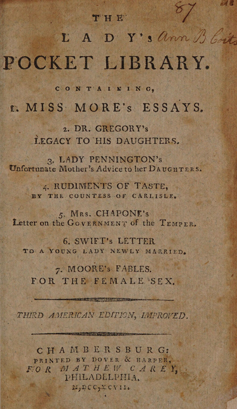     le a aa fee we LEGACY TO HIS DAUGHTERS. ate           aN Oe es LADY PENNINGTON’s. rhe ~ UWafor tunate Mother’ s Advice to, her Da ee Os, ENTS: OF | Pesce.    ew Be Mass ‘CHAPONE: S$ ae , Letter o on the GovERNMEN? of the ‘Tenenn, Ree a  | :% 6 SWIFT’s LE TTER To: a Youne LADY NEWLY MARRIED, ae  tay,  (PRINTED. BY DOVER. rs HARP: FOR. WAT HE W CARE Mea sm PHILADELPHIA, ae ae Aan oe    
