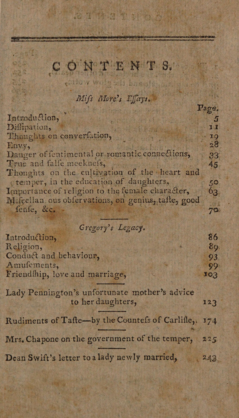  ae Mifs More's Effays lateaku ficeee : DHiipation, . Thonghts on conyerfusion, ae eets Beovyy ; : ‘        Danger of ffentimental or. romanti ¢ c conneGions, 33 ‘Grue and falfe meeknefs, 45. Thoughts on the cultivation of the “heart and” (temper, in the education of daughters, +O. Tap sortance of religion to the female character, 63, Mi (cella, ous oblervati io: oS geniuanteie ee fenle, &amp; Fo Beal ; 70: hee. Grerory’s Les af | tatrodngene | 86 Religion, = bg ee | Conduct and behaviour, 93. Amufements, 2% 99 Friendthip, love and marriage | X » ¥o3 Lady I Pennington’s s unfortunate mother’s advice . to her daughters, | 1A) Rudiments of Tafte—by the Chdatet of Carlifley, 174 Mrs. Chapone on the Geveroment of the temper, 225 Dear Swift’s letter toa lady newly married, *% 243. : ae