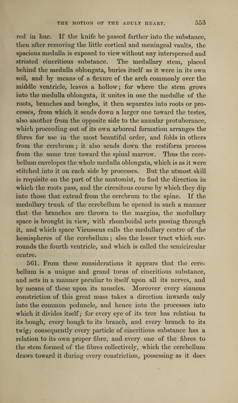 red in hue. If the knife be passed farther into the substance, then after removing the little cortical and meningeal vaults, the spacious medulla is exposed to view without any interspersed and striated cineritious substance. The medullary stem, placed behind the medulla oblongata, buries itself as it were in its own soil, and by means of a flexure of the arch commonly over the middle ventricle, leaves a hollow; for where the stem grows into the medulla oblongata, it unites in one the medullae of the roots, branches and boughs, it then separates into roots or pro¬ cesses, from which it sends down a larger one toward the testes, also another from the opposite side to the annular protuberance, which proceeding out of its own arboreal formation arranges the fibres for use in the most beautiful order, and folds in others from the cerebrum; it also sends down the restiform process from the same tree toward the spinal marrow. Thus the cere¬ bellum envelopes the whole medulla oblongata, which is as it were stitched into it on each side by processes. But the utmost skill is requisite on the part of the anatomist, to find the direction in which the roots pass, and the circuitous course by which they dip into those that extend from the cerebrum to the spine. If the medullary trunk of the cerebellum be opened in such a manner that the branches are thrown to the margins, the medullary space is brought in view, with rhomboidal nets passing through it, and which space Yieussens calls the medullary centre of the hemispheres of the cerebellum; also the lesser tract which sur¬ rounds the fourth ventricle, and which is called the semicircular centre. 561. From these considerations it appears that the cere¬ bellum is a unique and grand torus of cineritious substance, and acts in a manner peculiar to itself upon all its nerves, and by means of these upon its muscles. Moreover every sinuous constriction of this great mass takes a direction inwards only into the common peduncle, and hence into the processes into which it divides itself; for every eye of its tree has relation to its bough, every bough to its branch, and every branch to its twig; consequently every particle of cineritious substance has a relation to its own proper fibre, and every one of the fibres to the stem formed of the fibres collectively, which the cerebellum draws toward it during every constriction, possessing as it does