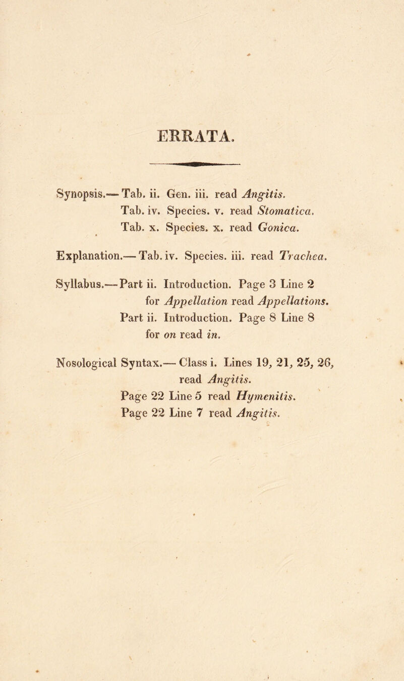 ERRATA. Synopsis.*— Tab. ii. Gen. iii. read Angitis. Tab. iv. Species, v. read Stomatica. Tab. x. Species, x. read Gonica. Explanation.—Tab. iv. Species, iii. read Trachea. Syllabus.—Part ii. Introduction. Page 3 Line 2 for Appellation read Appellations. Part ii. Introduction. Page 8 Line 8 for on read in. Nosological Syntax.— Class i. Lines 19, 21, 25, 26, read Angitis. Page 22 Line 5 read Hymenitis.