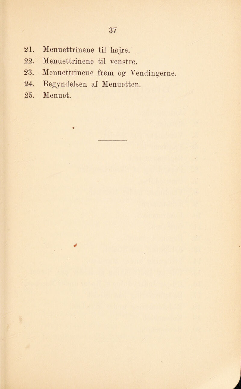 21. Menuettrinene til højre. 22. Menuettrinene til venstre. 23. Menuettrinene frem og Vendingerne. 24. Begyndelsen af Menuetten. 25. Menuet. 6 >
