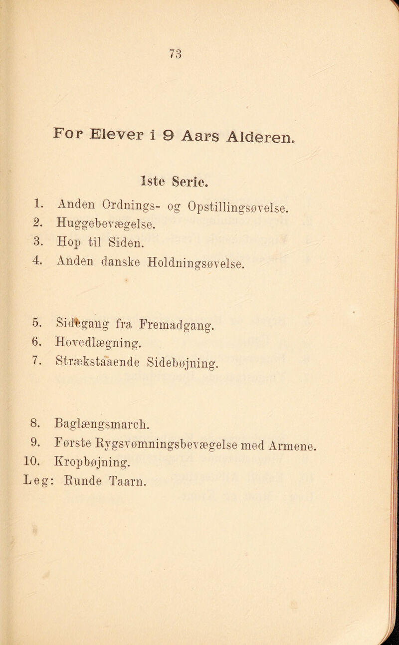 For Eløver i 0 Aars Alderen. 1ste Serie. 1. Anden Ordnings- og Opstillingsøvelse. 2. Huggebevægelse. 3. Hop til Siden. 4. Anden danske Holdningsøvelse. 5. Si d%gang fra Fremadgang. 6. Hovedlægning. 7. Strækstaaende Sidebøjning. 8. Baglængsmarch. 9. Første Rygsvømningsbevægelse med Armene. 10. Kropbøjning. Leg: Runde Taarn.