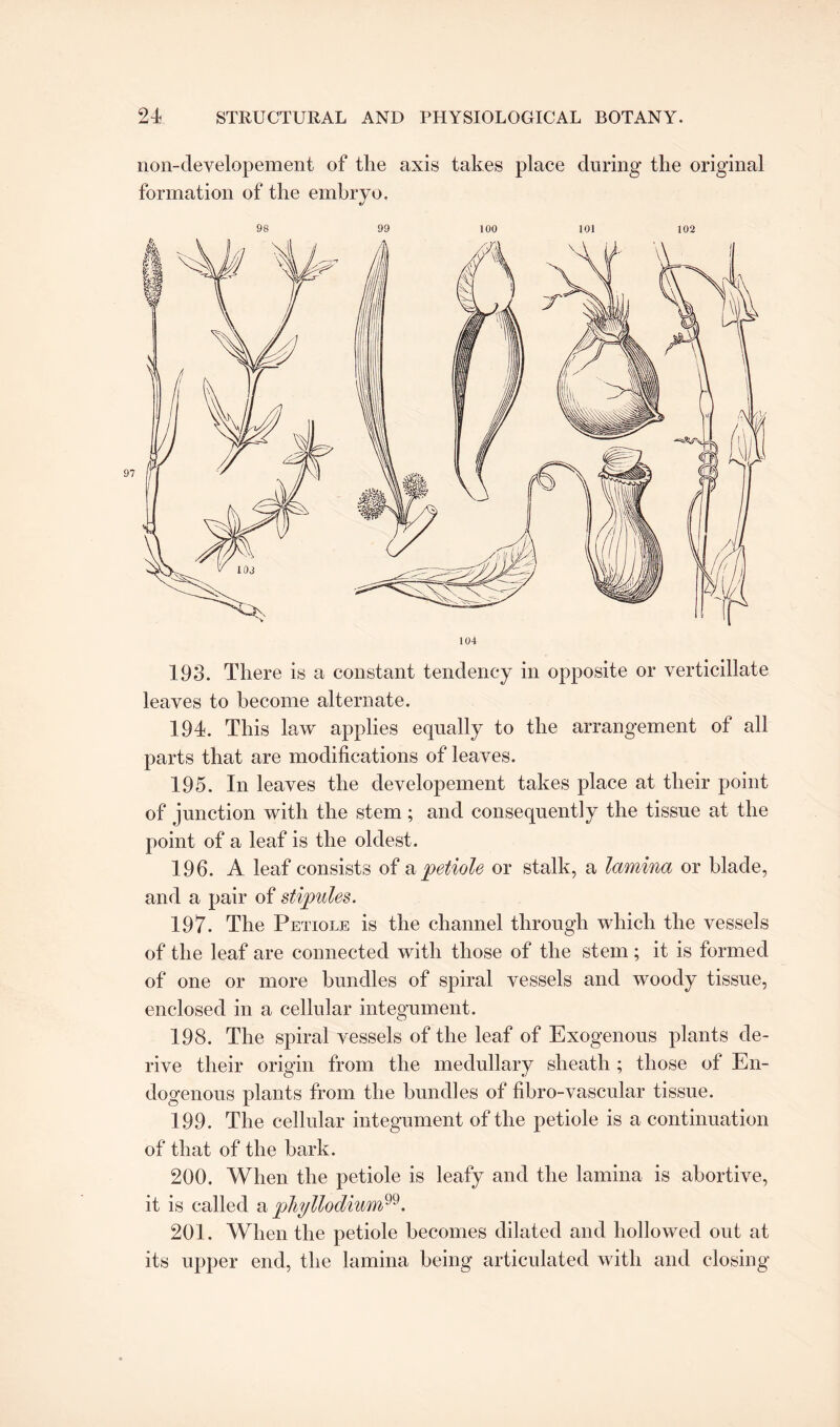 non-developement of the axis takes place during the original formation of the embryo. 98 99 100 101 102 193. There is a constant tendency in opposite or verticillate leaves to become alternate. 194. This law applies equally to the arrangement of all parts that are modifications of leaves. 195. In leaves the developement takes place at their point of junction with the stem; and consequently the tissue at the point of a leaf is the oldest . 196. A leaf consists of a 'petiole or stalk, a lamina or blade, and a pair of stipules. 197. The Petiole is the channel through which the vessels of the leaf are connected with those of the stem; it is formed of one or more bundles of spiral vessels and woody tissue, enclosed in a cellular integument. 198. The spiral vessels of the leaf of Exogenous plants de¬ rive their origin from the medullary sheath ; those of En¬ dogenous plants from the bundles of fihro-vascular tissue. 199. The cellular integument of the petiole is a continuation of that of the bark. 200. When the petiole is leafy and the lamina is abortive, it is called a phyllodium. 201. When the petiole becomes dilated and hollowed out at its upper end, the lamina being articulated with and closing